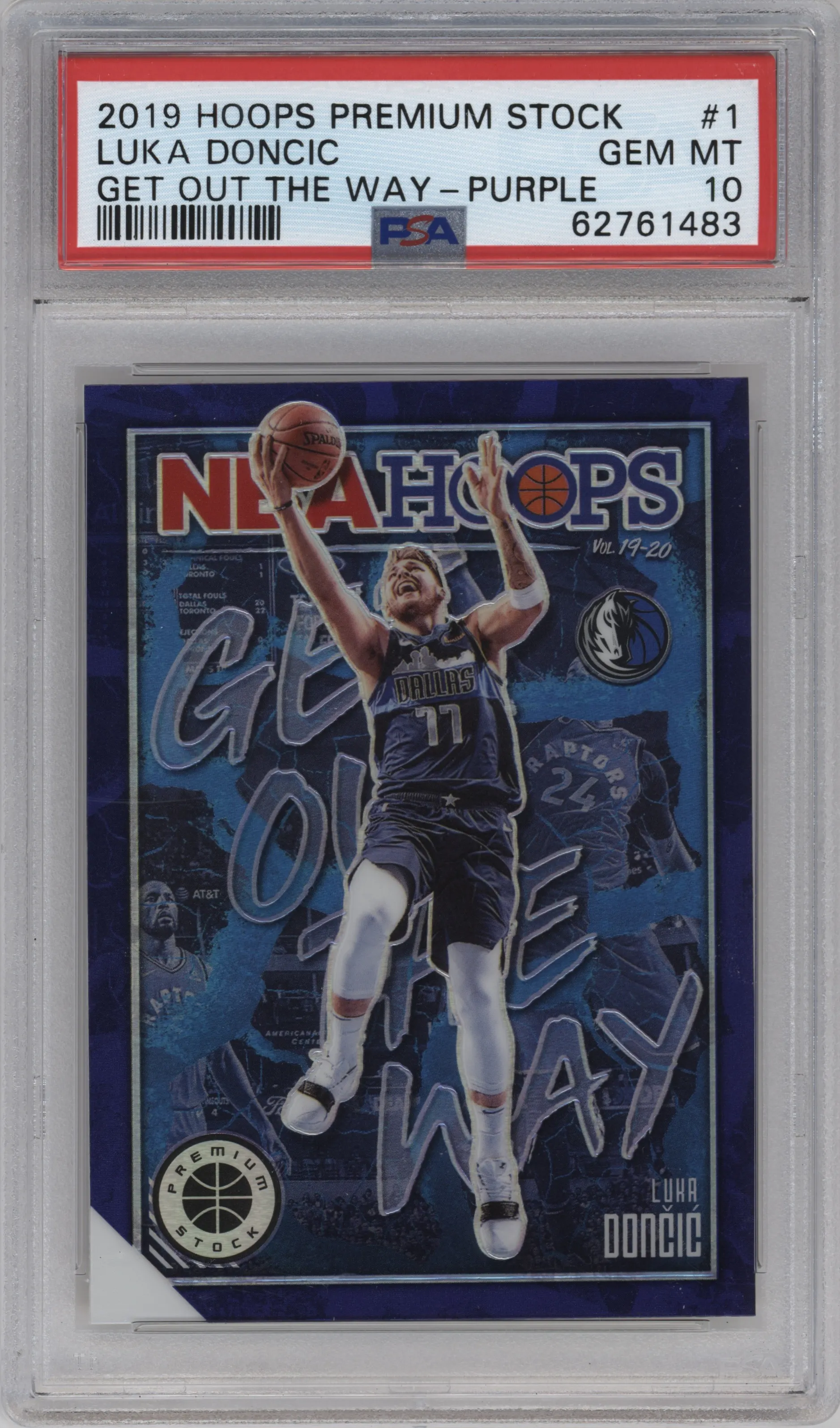2019 Panini Hoops Premium Stock Get Out the Way Luka Doncic Purple PSA 10