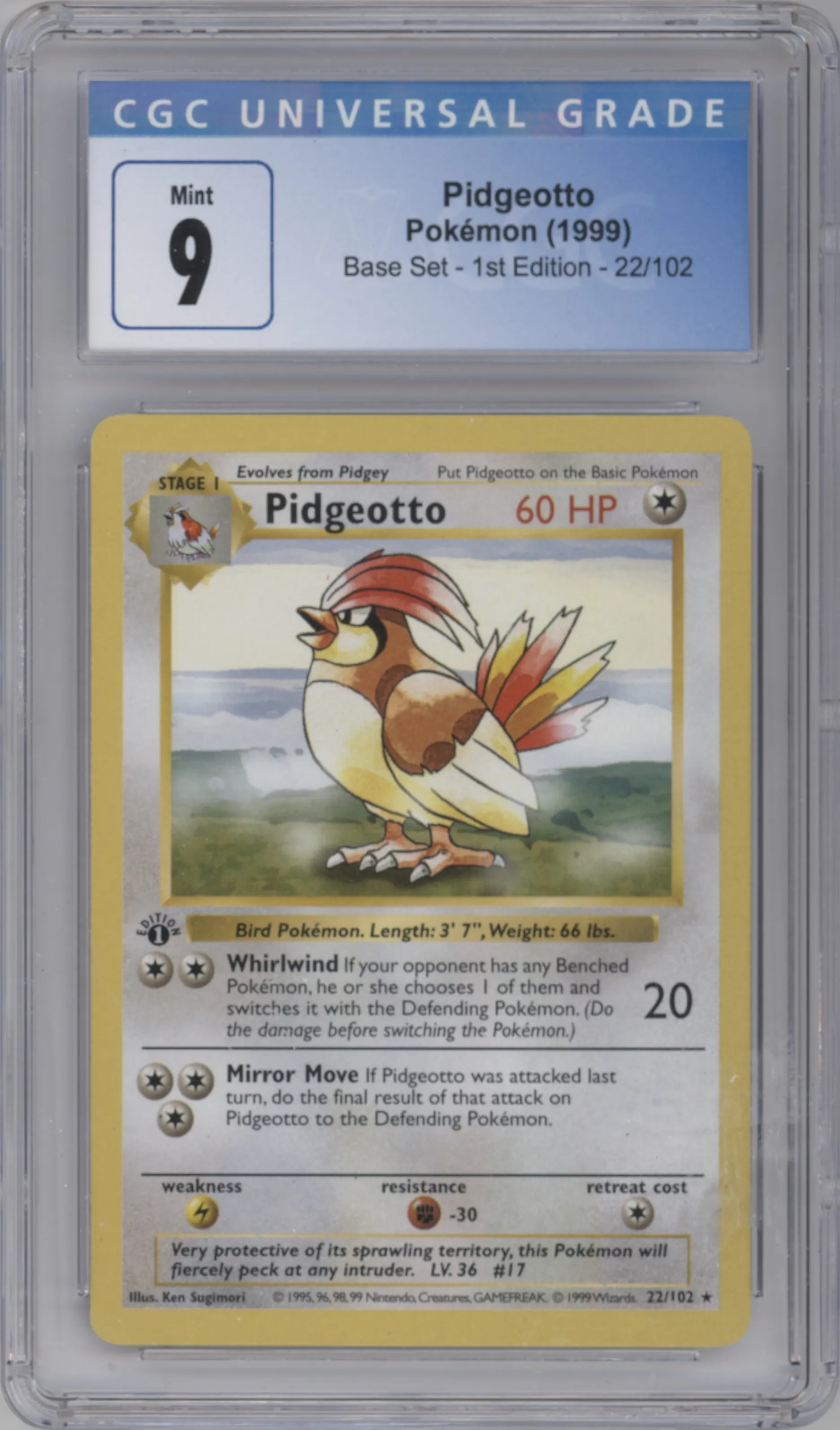Pidgeotto from the 1999 Pokemon set graded by CSG and given an overall grade of 9.