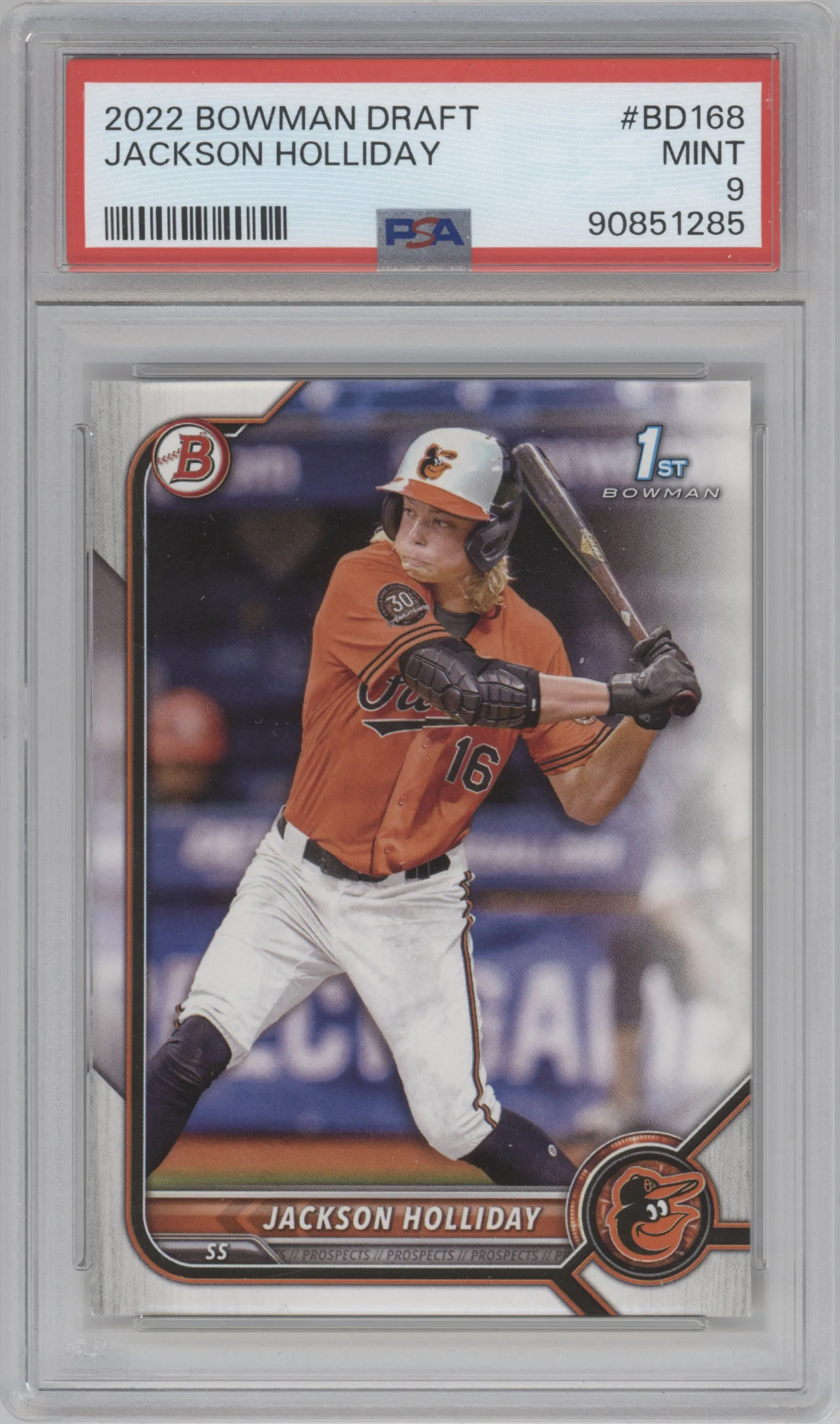 Jackson Holliday from the 2022 Bowman Draft set graded by PSA and given an overall grade of 9.