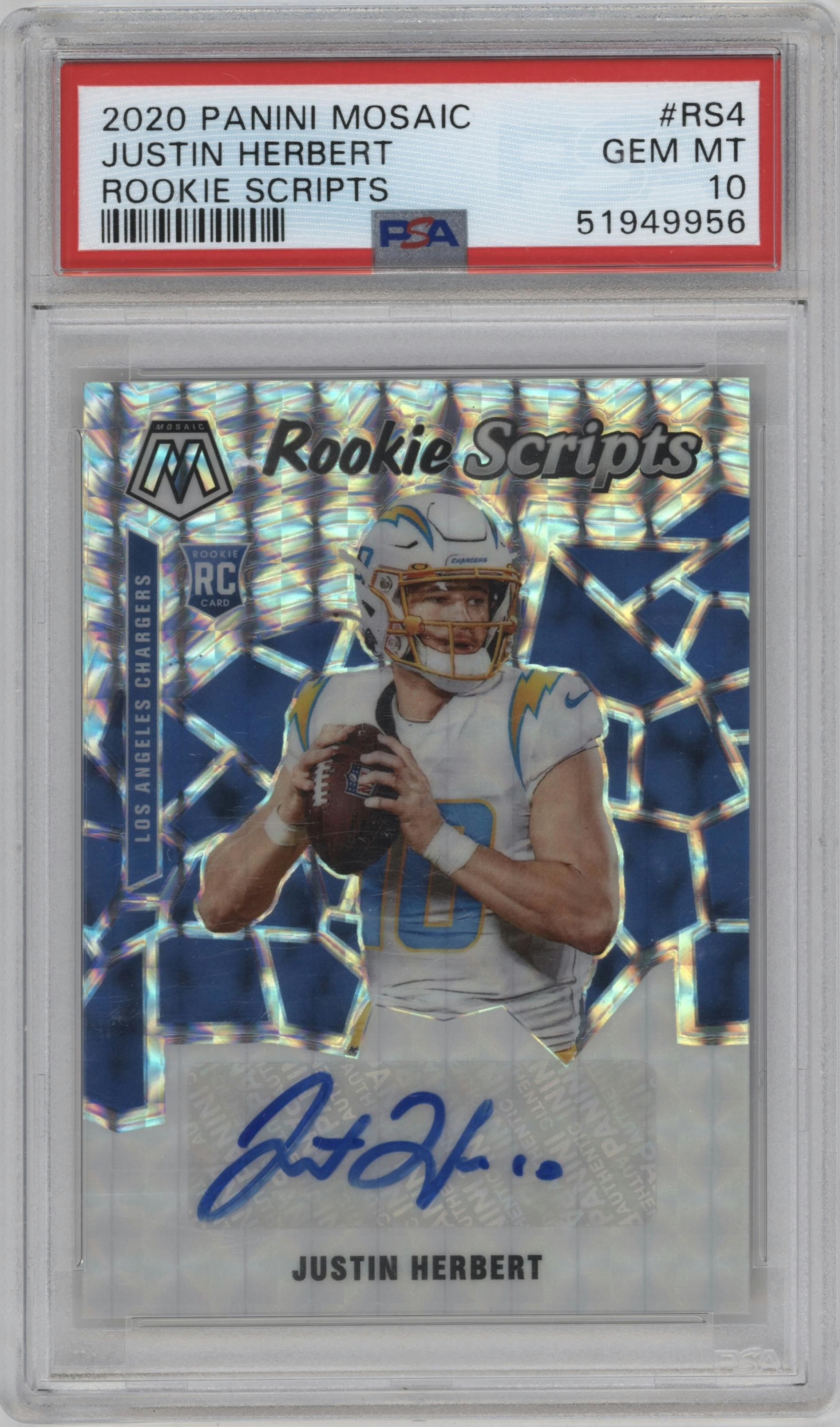 Justin Herbert from the 2020 Panini Mosaic set graded by PSA and given an overall grade of 10.