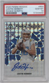Justin Herbert from the 2020 Panini Mosaic set graded by PSA and given an overall grade of 10.