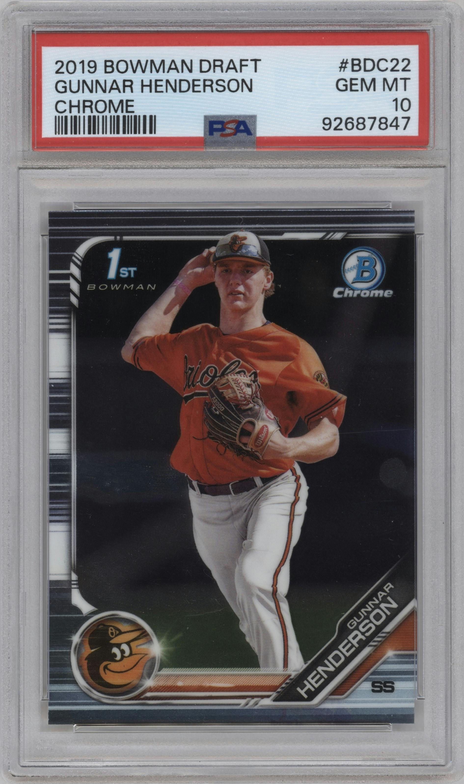 Gunnar Henderson from the 2019 Bowman Draft set graded by PSA and given an overall grade of 10.