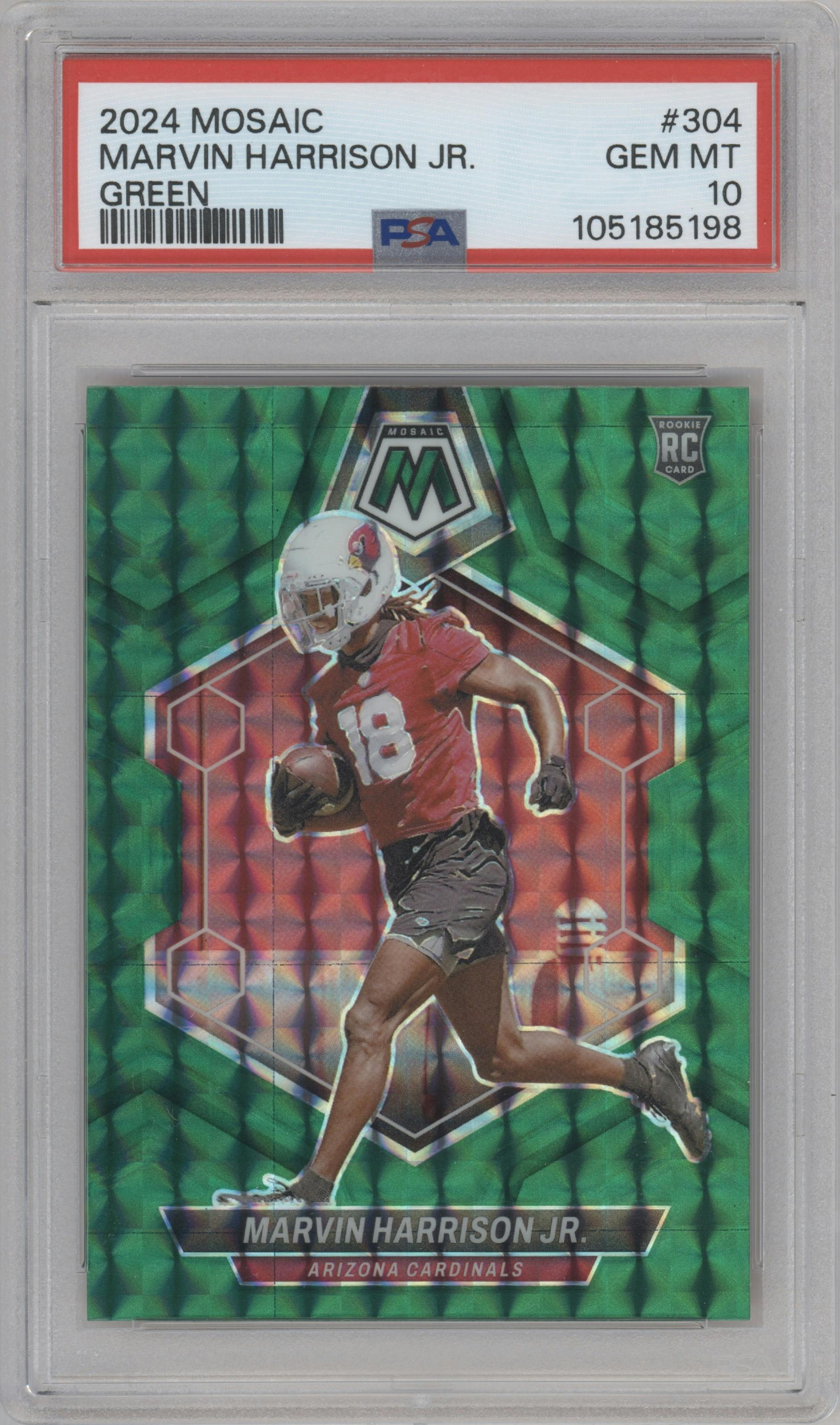 Marvin Harrison Jr. from the 2024 Panini Mosaic set featuring a Green Mosaic parallel graded by PSA and given an overall grade of 10.