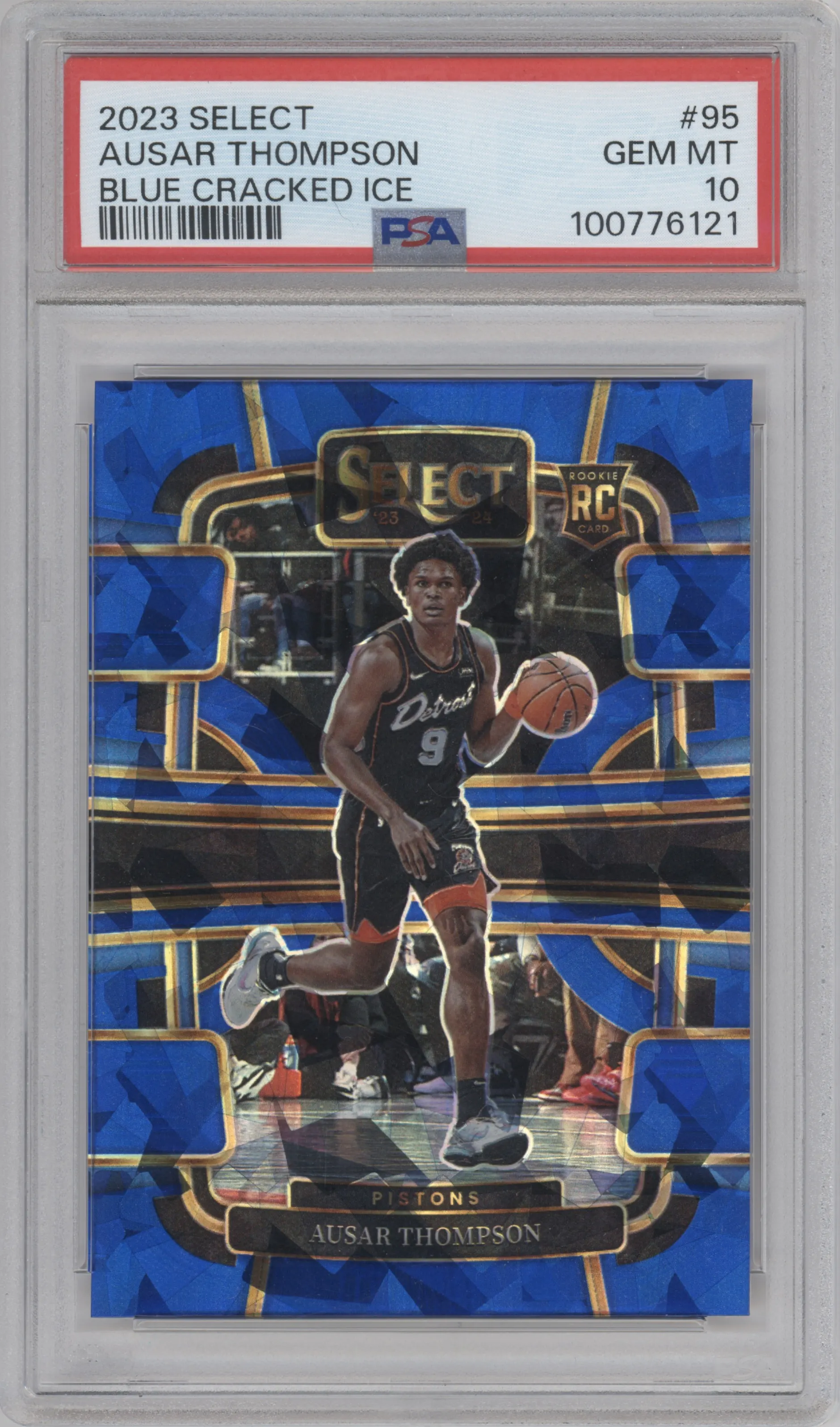 Ausar Thompson from the 2023-24 Panini Select  set featuring a Blue Cracked Ice parallel graded by PSA and given an overall grade of 10.