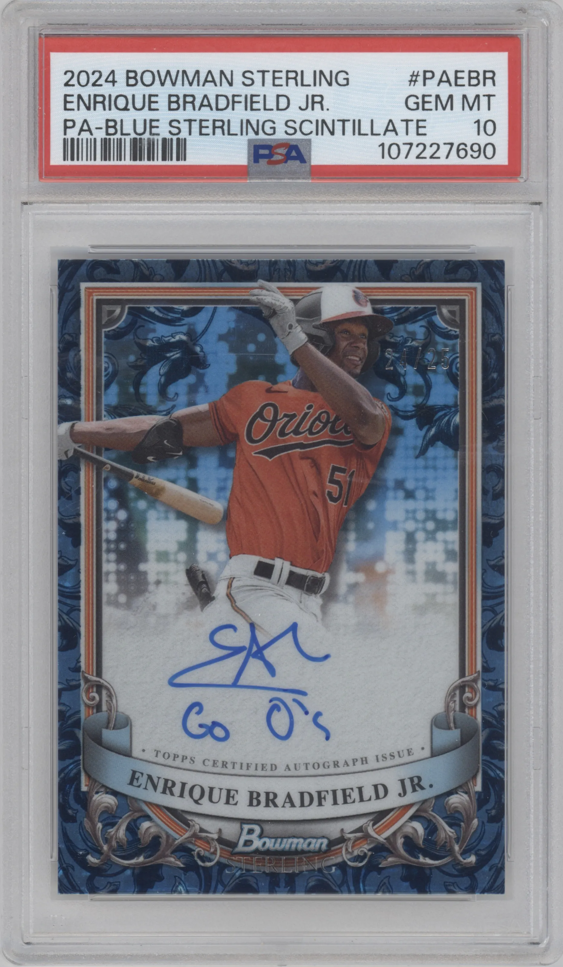 Enrique Bradfield Jr. from the 2024 Bowman Sterling set featuring a Blue Sterling Scintillate parallel graded by PSA and given an overall grade of 10.