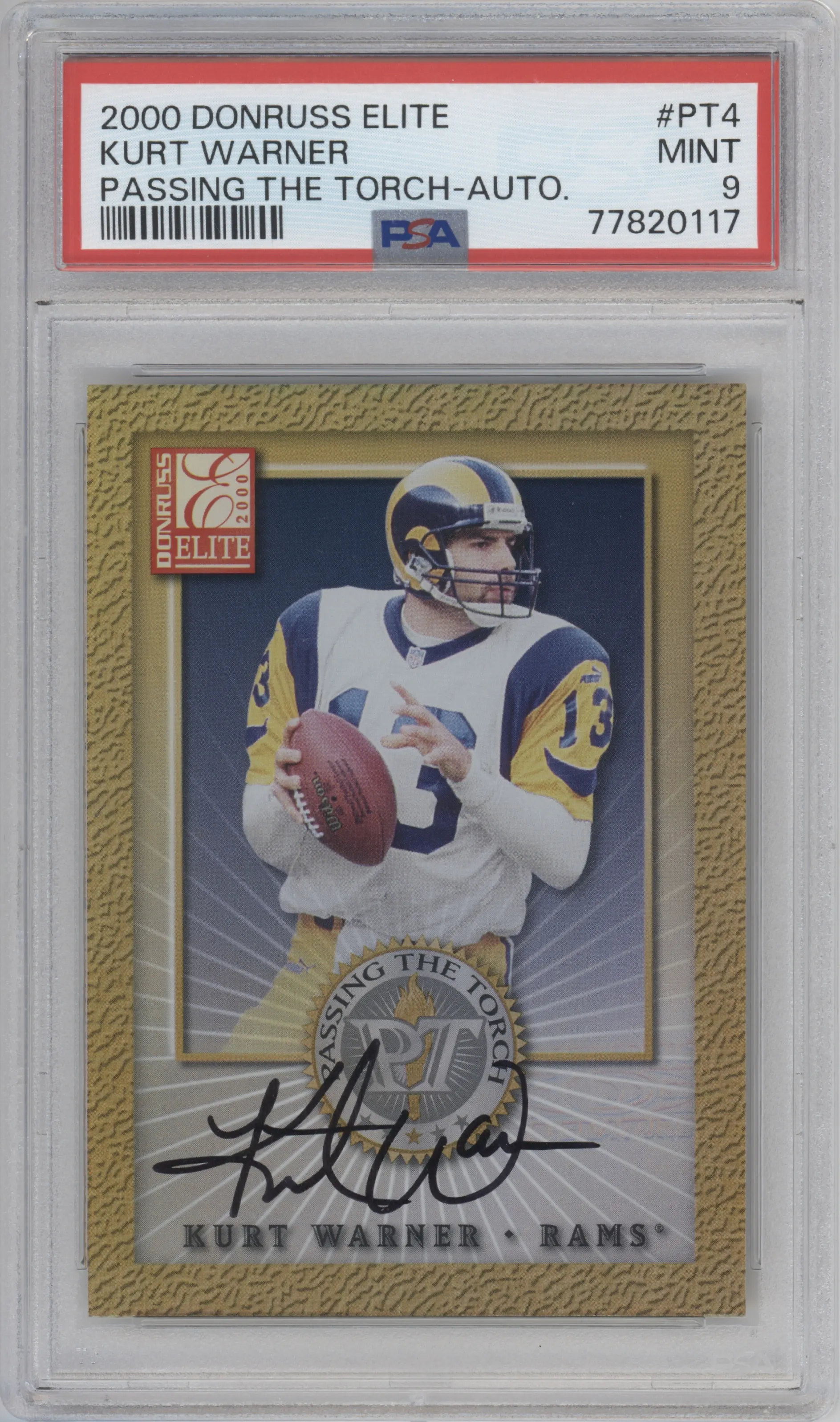 Kurt Warner from the 2000 Donruss Elite set graded by PSA and given an overall grade of 9.