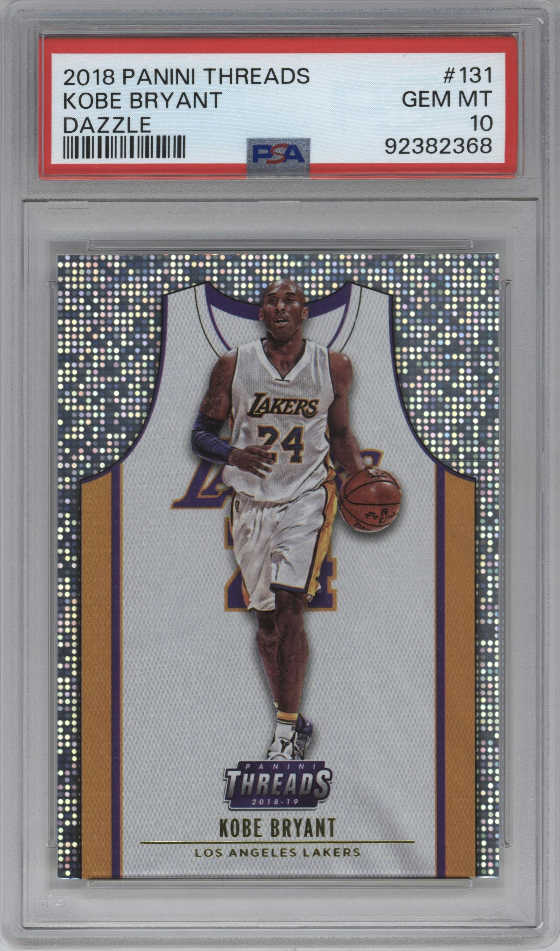 Kobe Bryant from the 2018-19 Panini Threads  set featuring a Dazzle parallel graded by PSA and given an overall grade of 10.