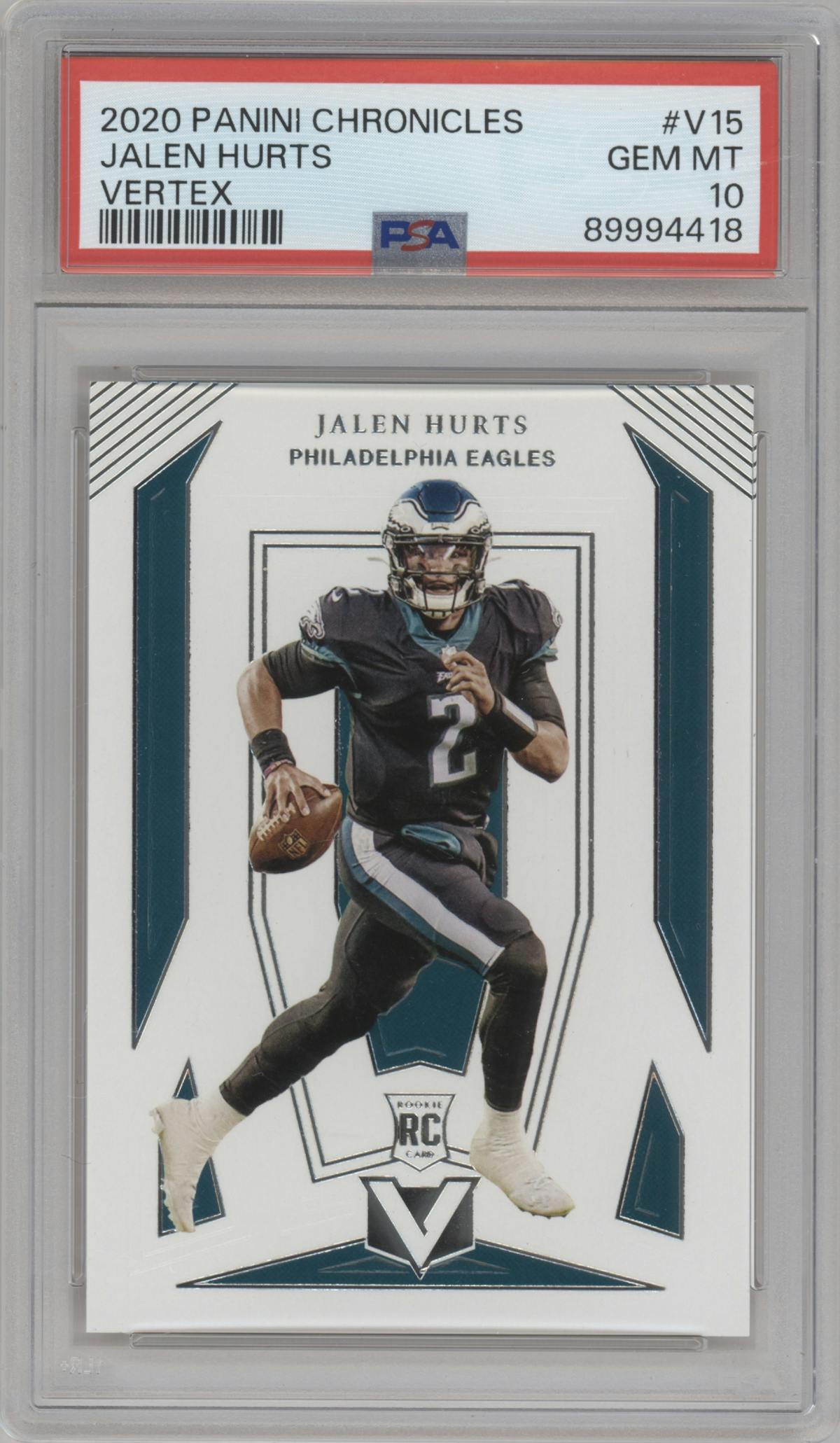 Jalen Hurts from the 2020 Panini Chronicles set graded by PSA and given an overall grade of 10.