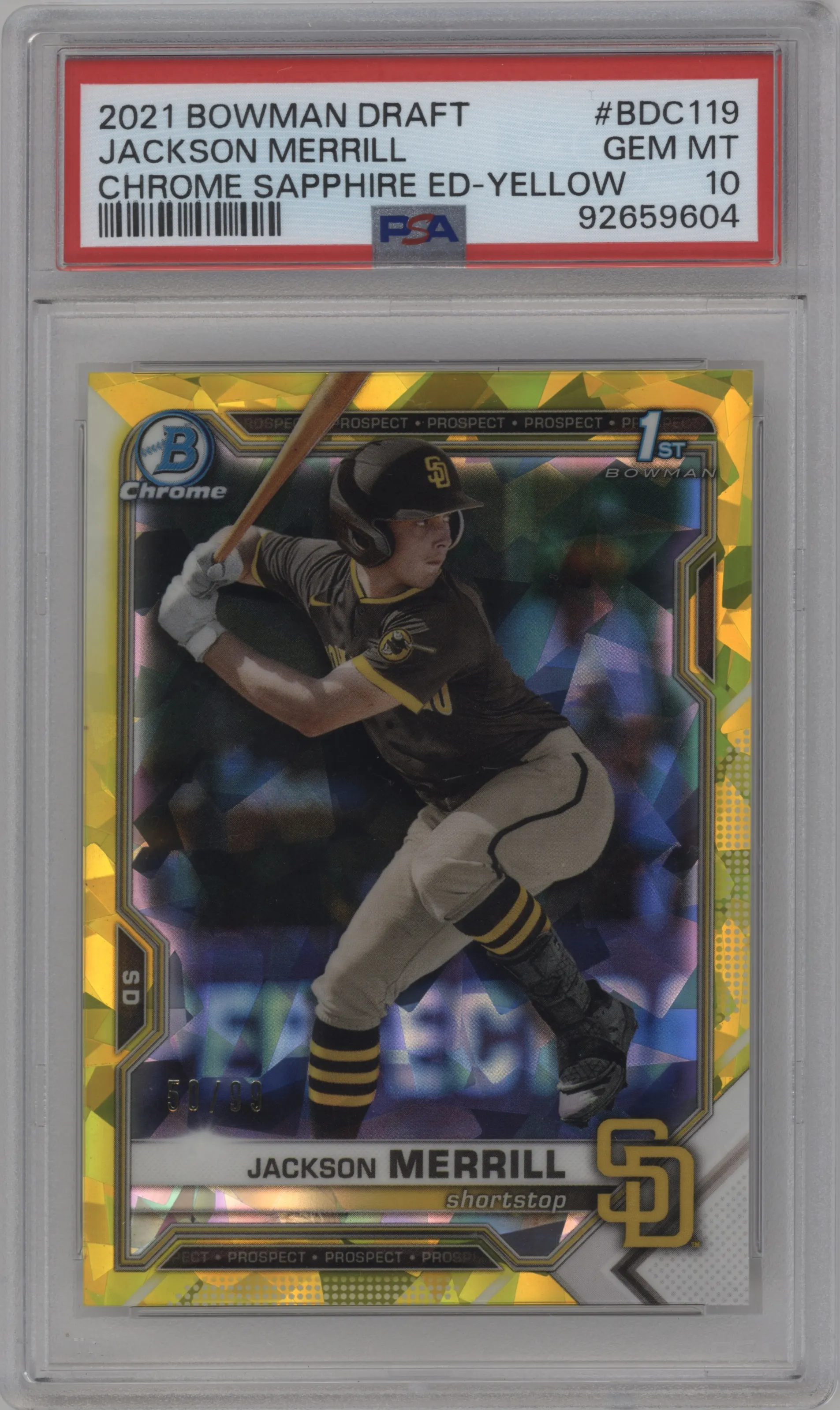 2021 Bowman Draft Sapphire Edition Chrome Jackson Merrill Yellow #BDC-119 PSA 10