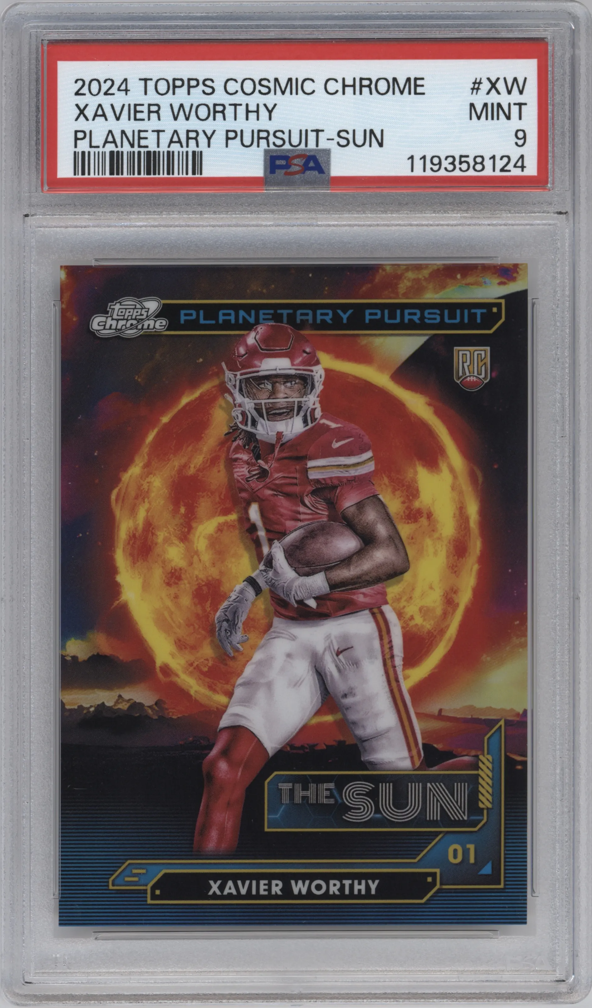 Xavier Worthy from the 2024 Topps Cosmic Chrome set graded by PSA and given an overall grade of 9.