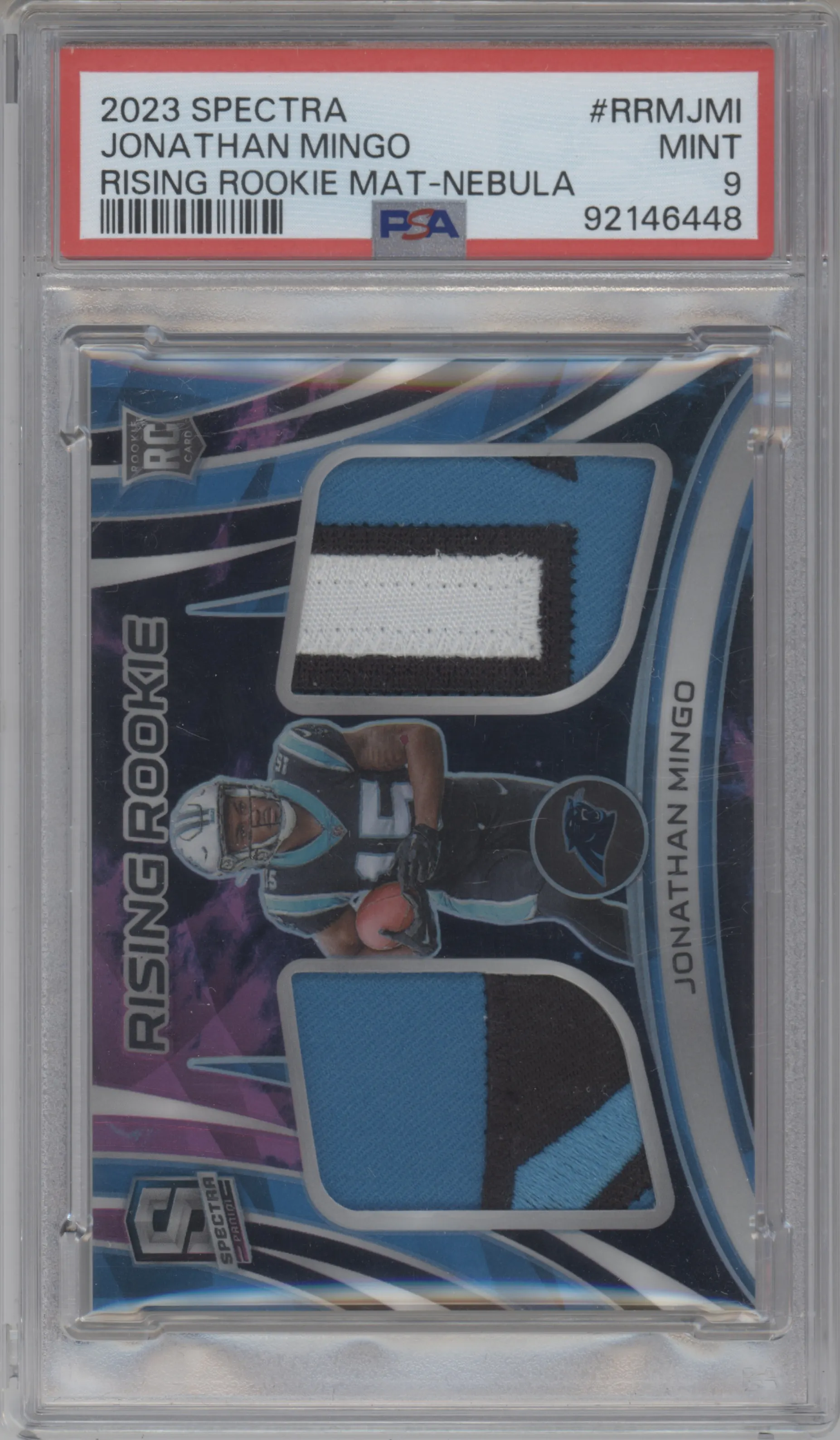 Jonathan Mingo from the 2023 Panini Spectra set featuring a Nebula parallel graded by PSA and given an overall grade of 9.