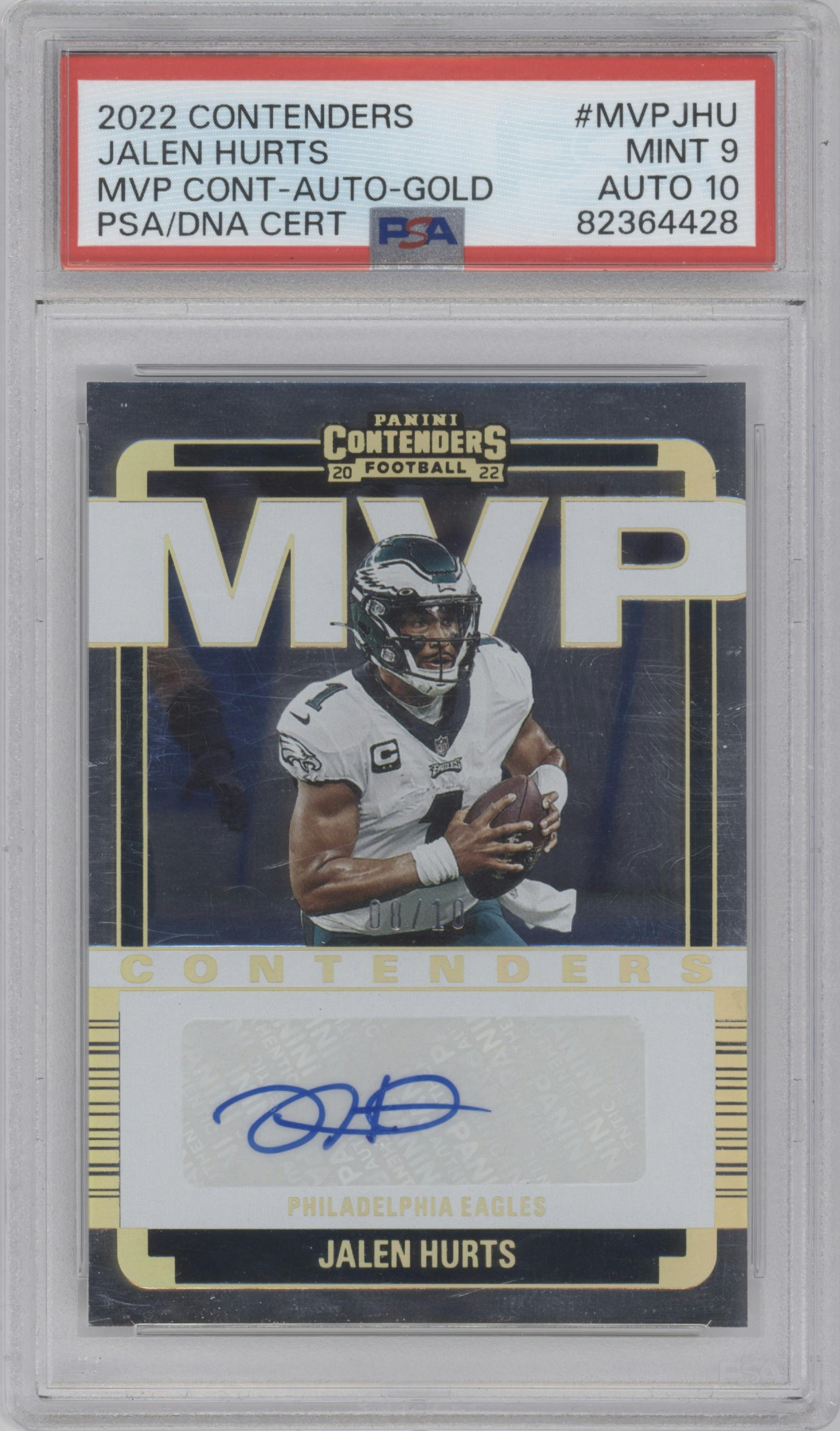 Jalen Hurts from the 2022 Panini Contenders set featuring a Gold parallel graded by PSA and given an overall grade of 9.