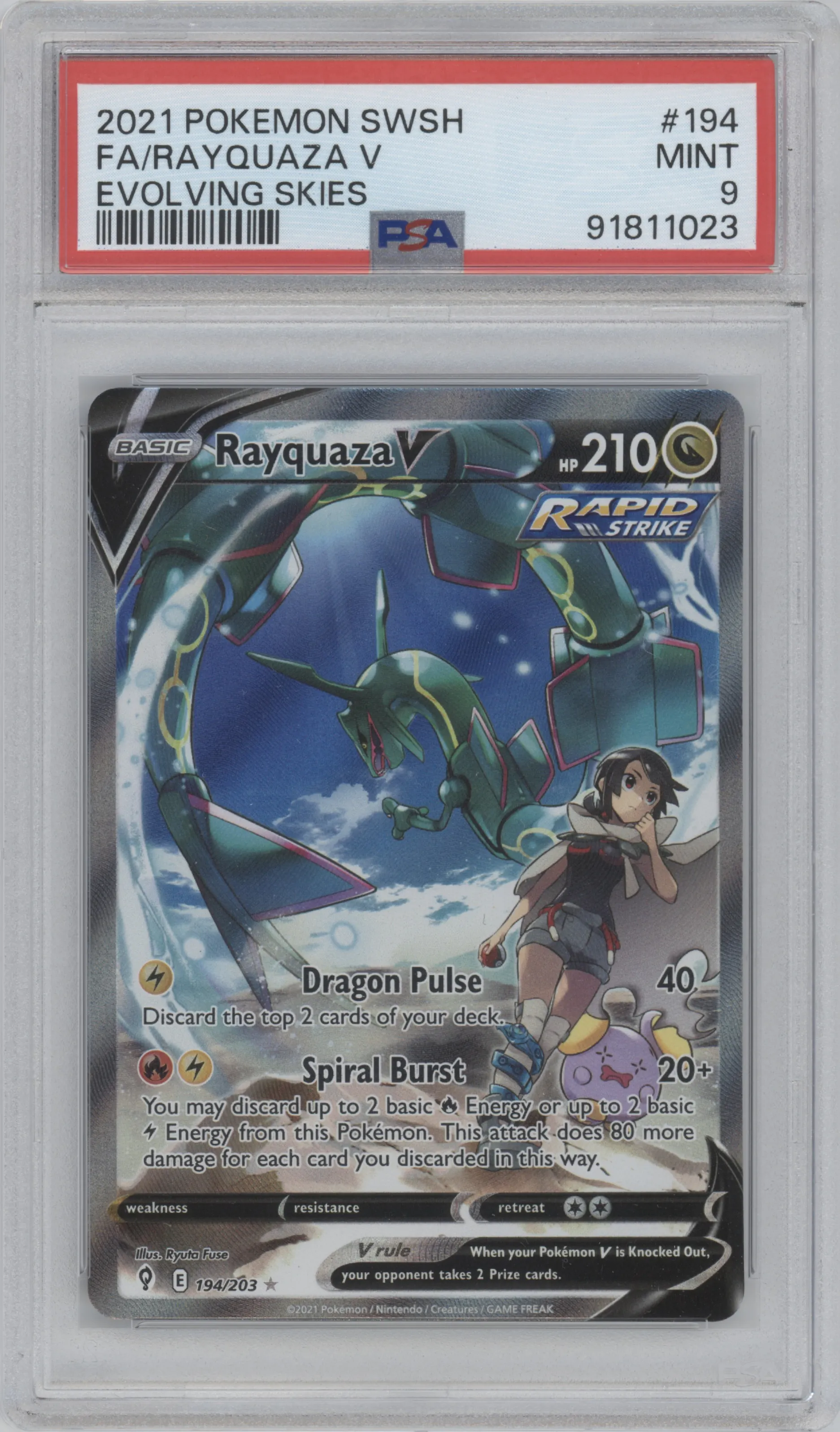 Rayquaza V from the 2021 Pokemon SWSH set graded by PSA and given an overall grade of 9.