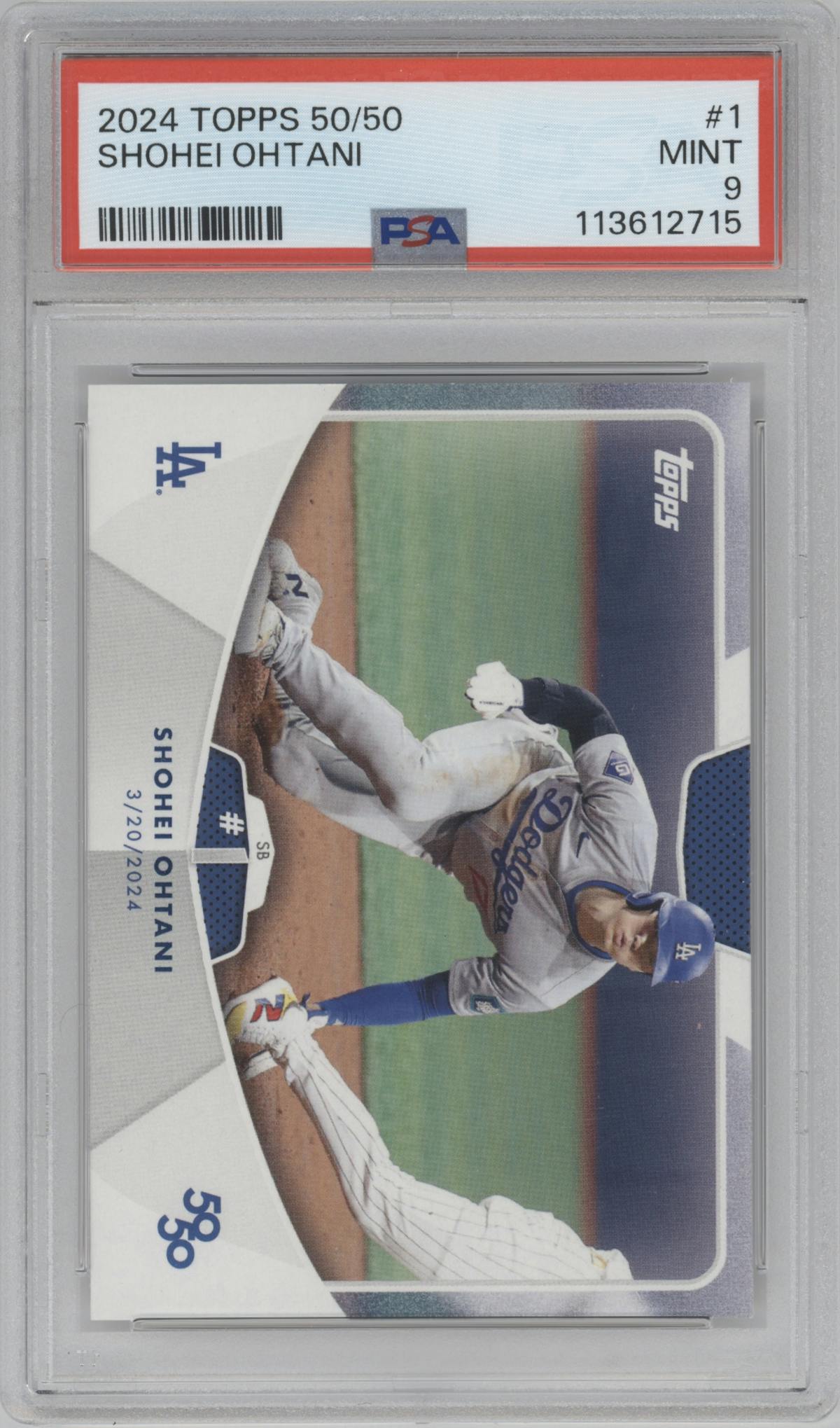 Shohei Ohtani from the 2024 Topps 50/50 set graded by PSA and given an overall grade of 9.