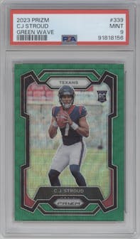 C.J. Stroud from the 2023 Panini Prizm set featuring a Green Wave  parallel graded by PSA and given an overall grade of 9.