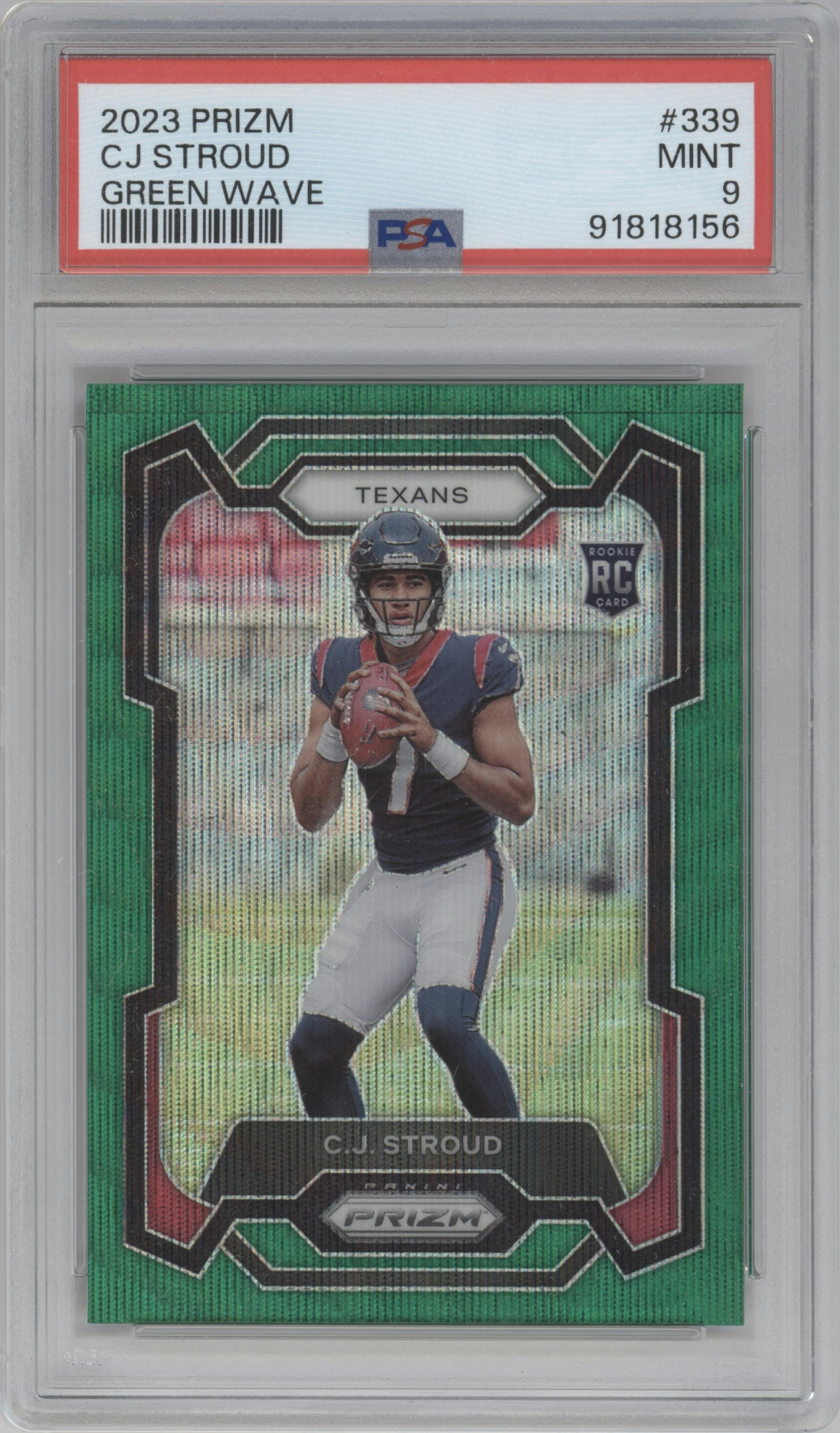 C.J. Stroud from the 2023 Panini Prizm set featuring a Green Wave  parallel graded by PSA and given an overall grade of 9.