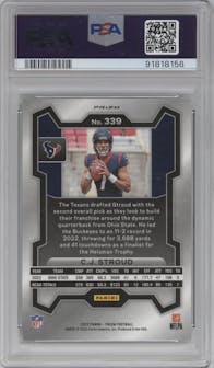 C.J. Stroud from the 2023 Panini Prizm set featuring a Green Wave  parallel graded by PSA and given an overall grade of 9.