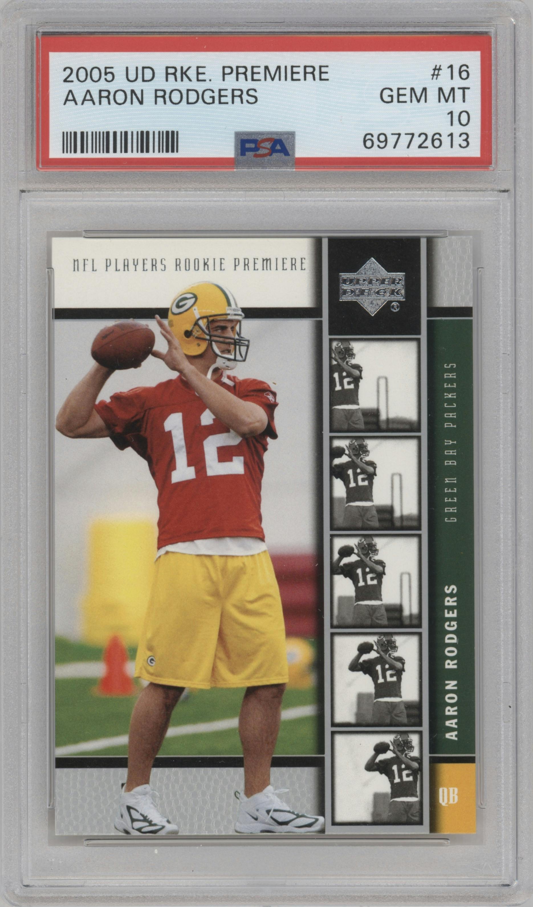 Aaron Rodgers from the 2005 Upper Deck Rookie Premiere set graded by PSA and given an overall grade of 10.
