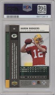 Aaron Rodgers from the 2005 Upper Deck Rookie Premiere set graded by PSA and given an overall grade of 10.