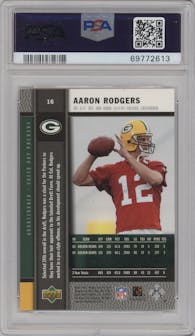 Aaron Rodgers from the 2005 Upper Deck Rookie Premiere set graded by PSA and given an overall grade of 10.