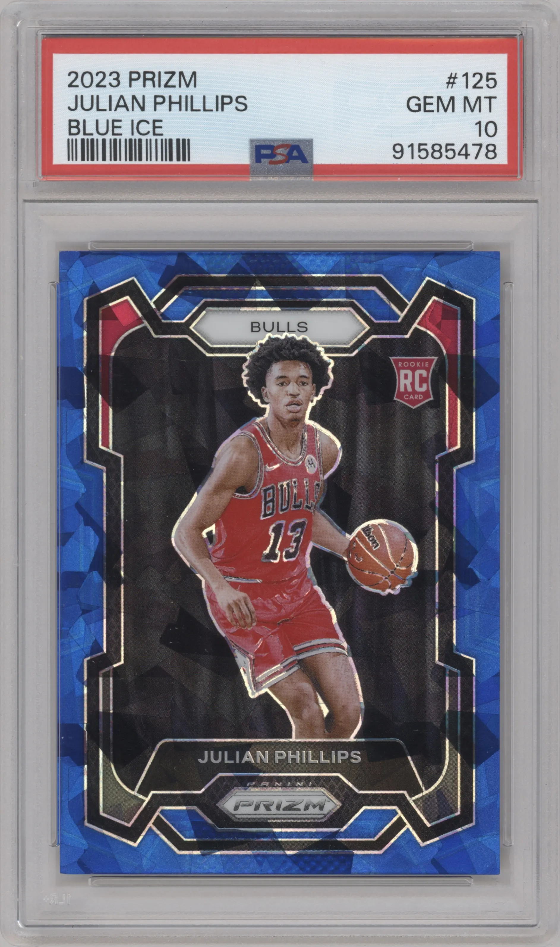 Julian Phillips from the 2023-24 Panini Prizm set featuring a Blue Ice parallel graded by PSA and given an overall grade of 10.