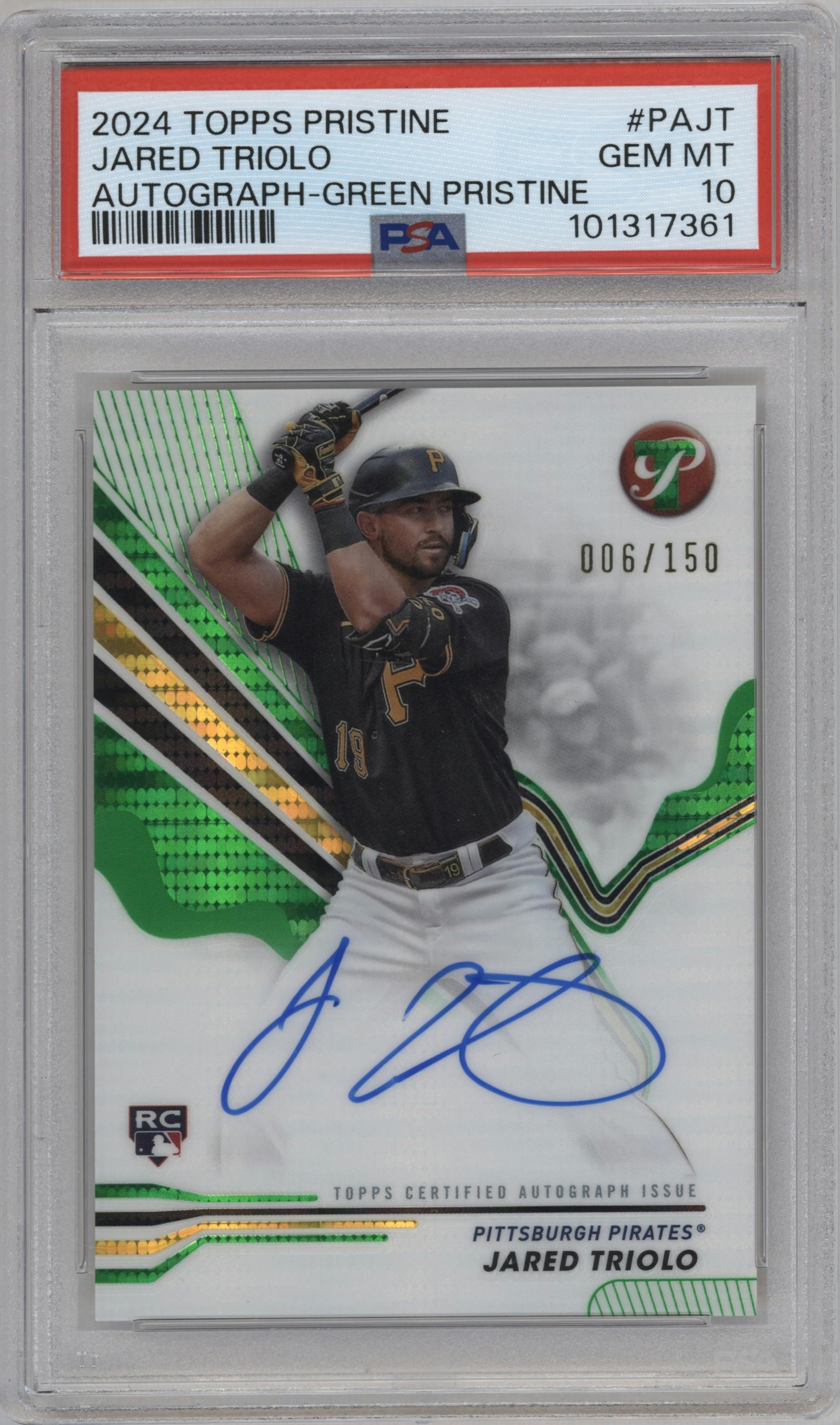 Jared Triolo from the 2024 Topps Pristine set featuring a Green Pristine Pulsar Refractor parallel graded by PSA and given an overall grade of 10.