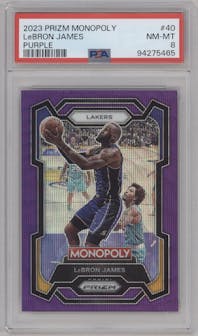 LeBron James from the 2023-24 Panini Prizm Monopoly set featuring a Purple  parallel graded by PSA and given an overall grade of 8.