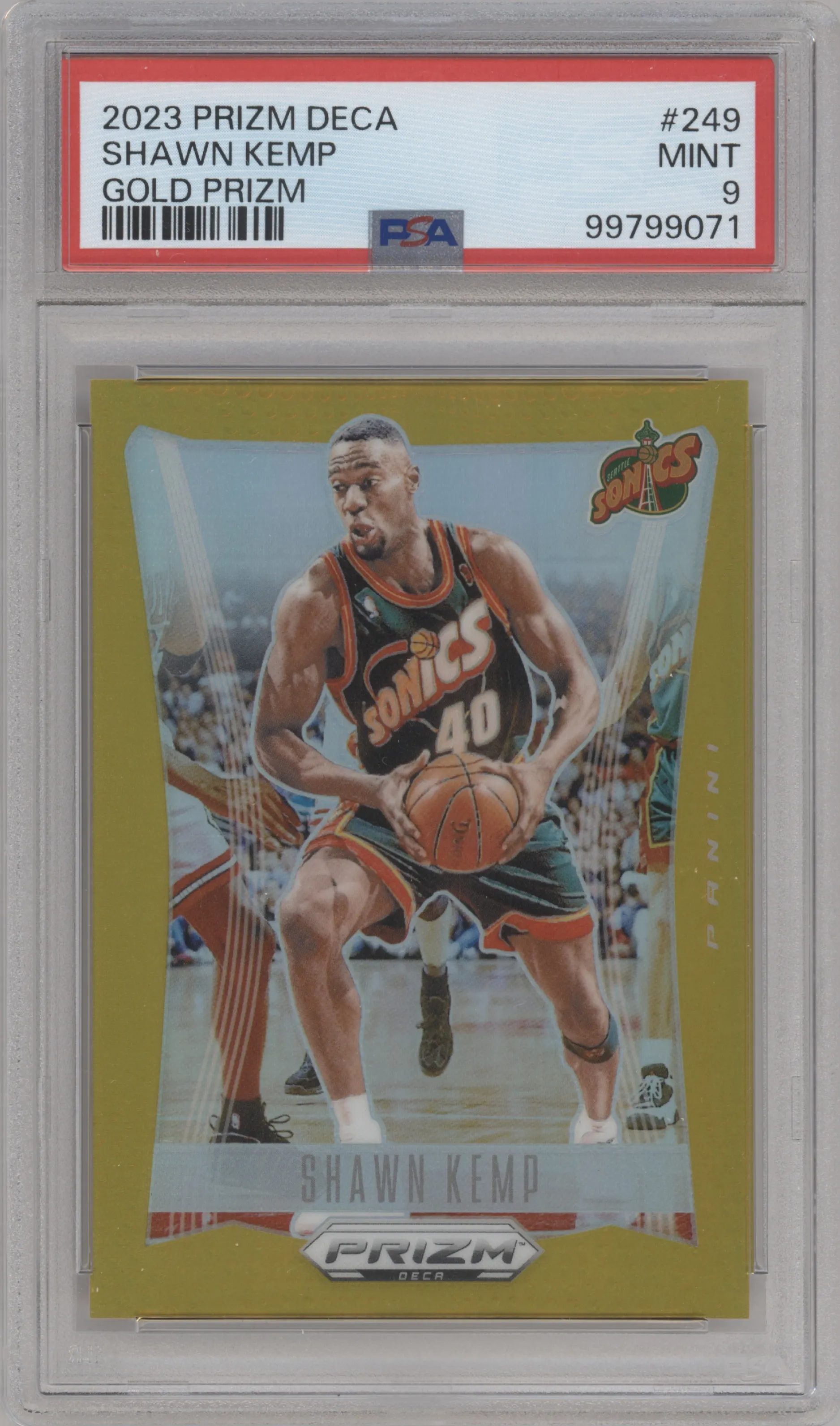 Shawn Kemp from the 2023-24 Panini Prizm Deca set featuring a Gold Prizm parallel graded by PSA and given an overall grade of 9.