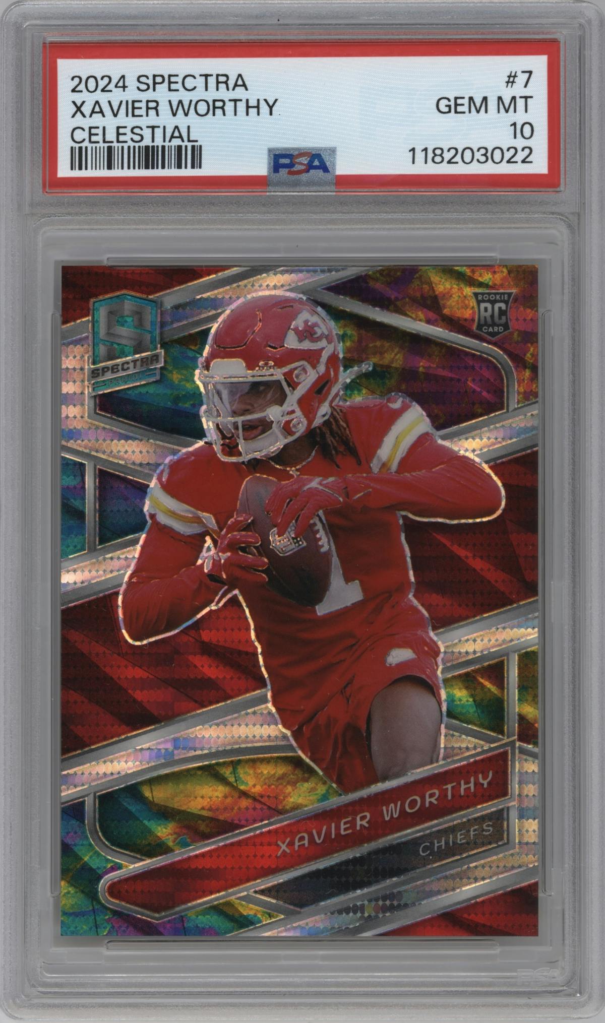 Xavier Worthy from the 2024 Panini Spectra set featuring a Celestial parallel graded by PSA and given an overall grade of 10.
