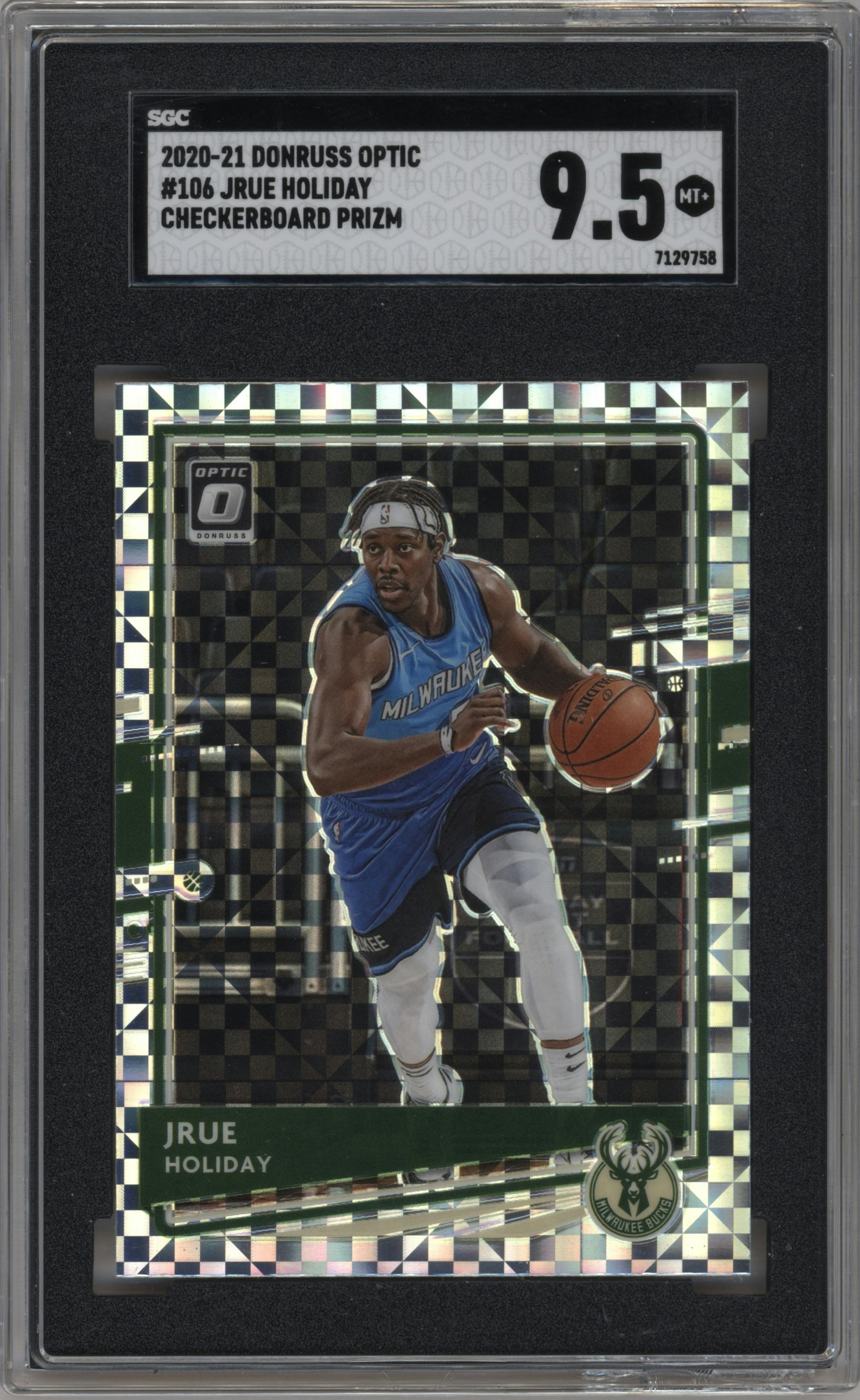 Jrue Holiday from the 2020-21 Panini Donruss Optic set featuring a Checkerboard parallel graded by SGC and given an overall grade of 9.5.