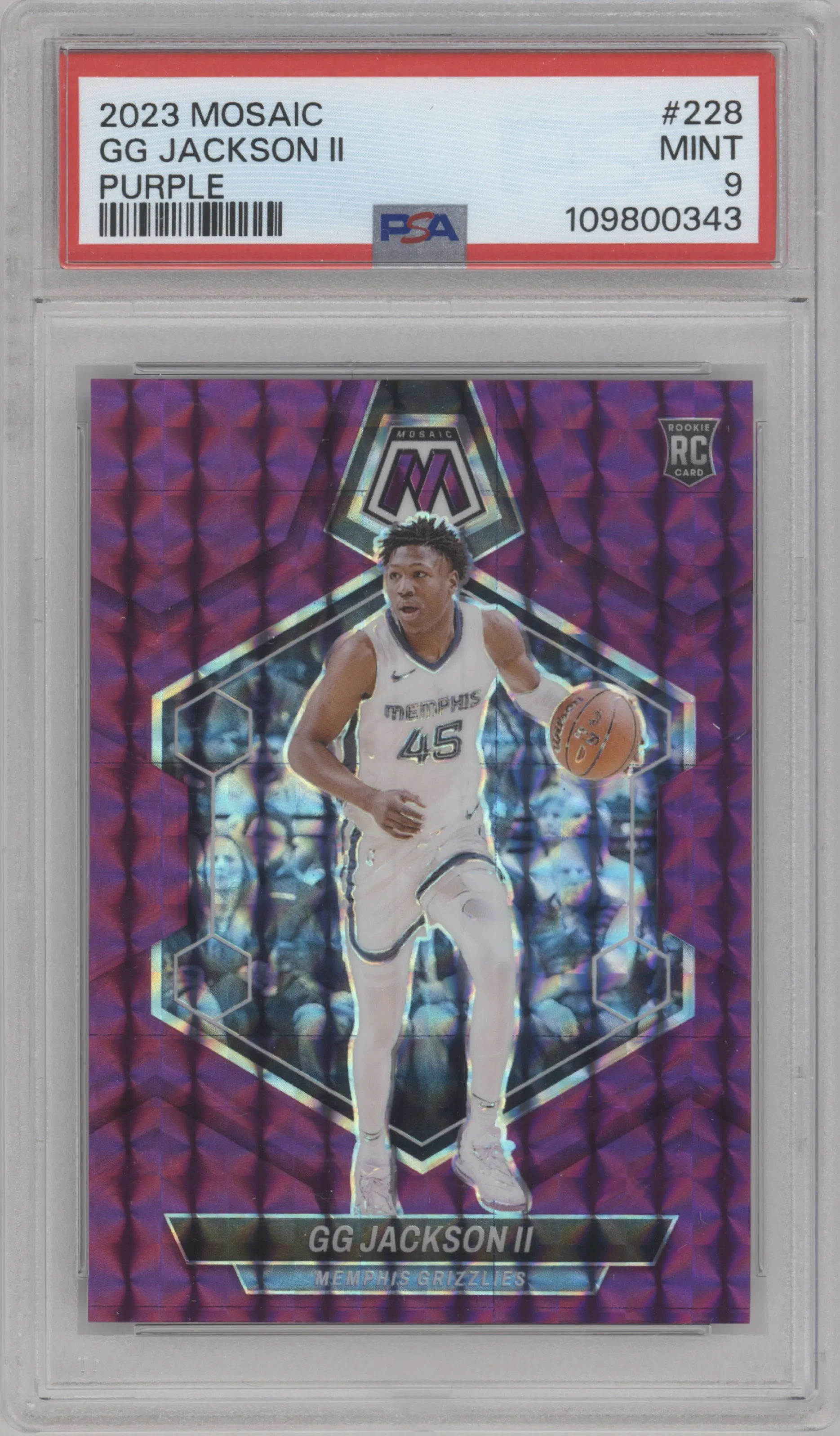 GG Jackson II from the 2023-24 Panini Mosaic set featuring a Purple Mosaic parallel graded by PSA and given an overall grade of 9.