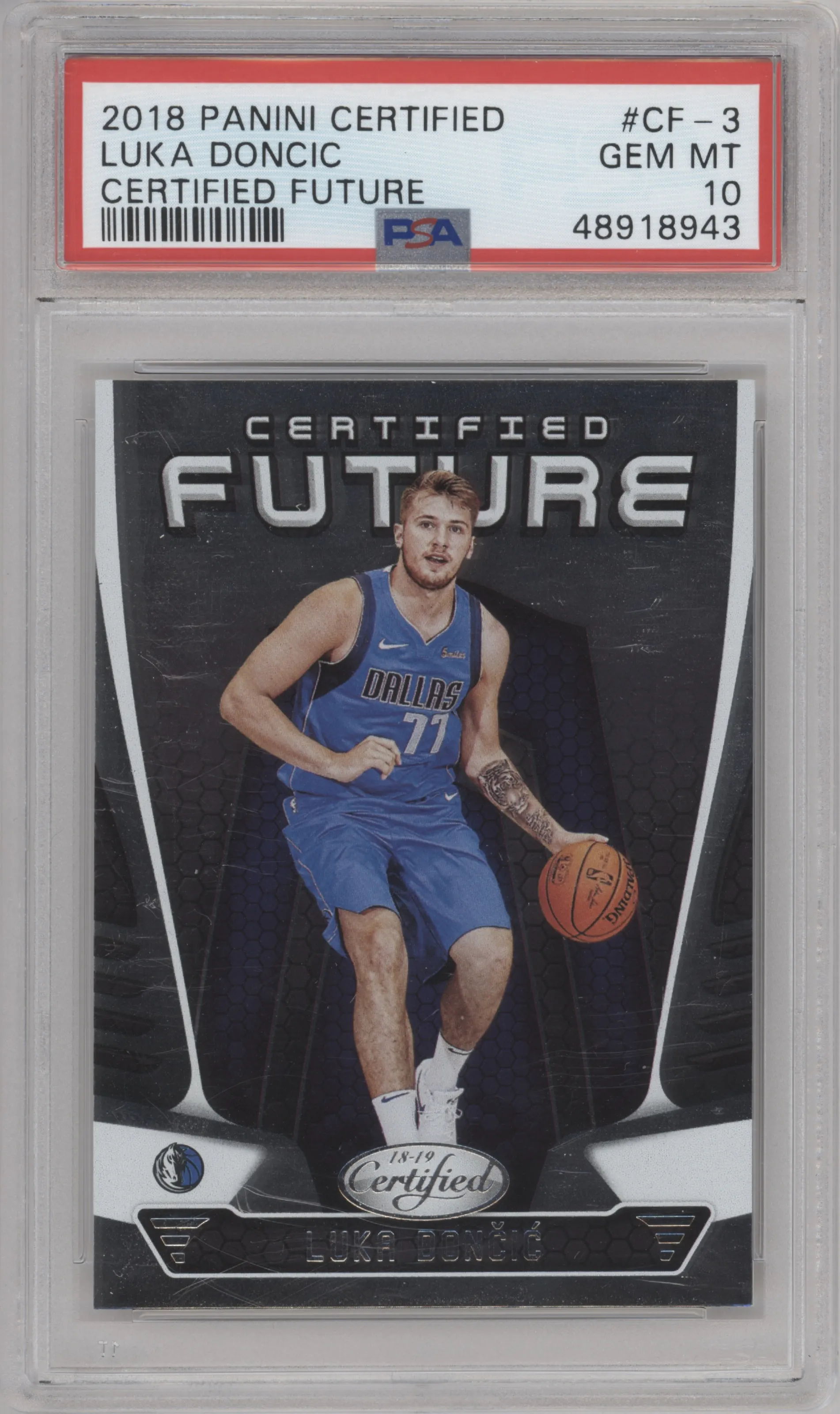Luka Doncic from the 2018-19 Panini Certified set graded by PSA and given an overall grade of 10.