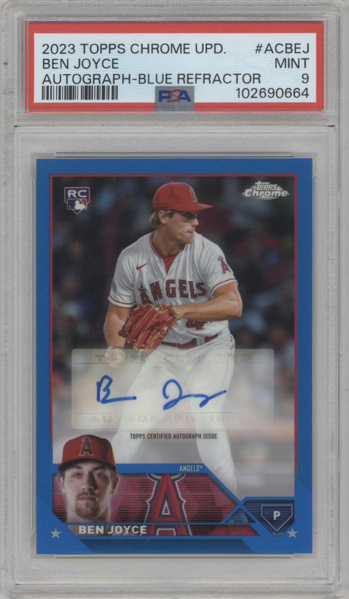 Ben Joyce from the 2023 Topps Chrome Update set featuring a Blue Refractor parallel graded by PSA and given an overall grade of 9.