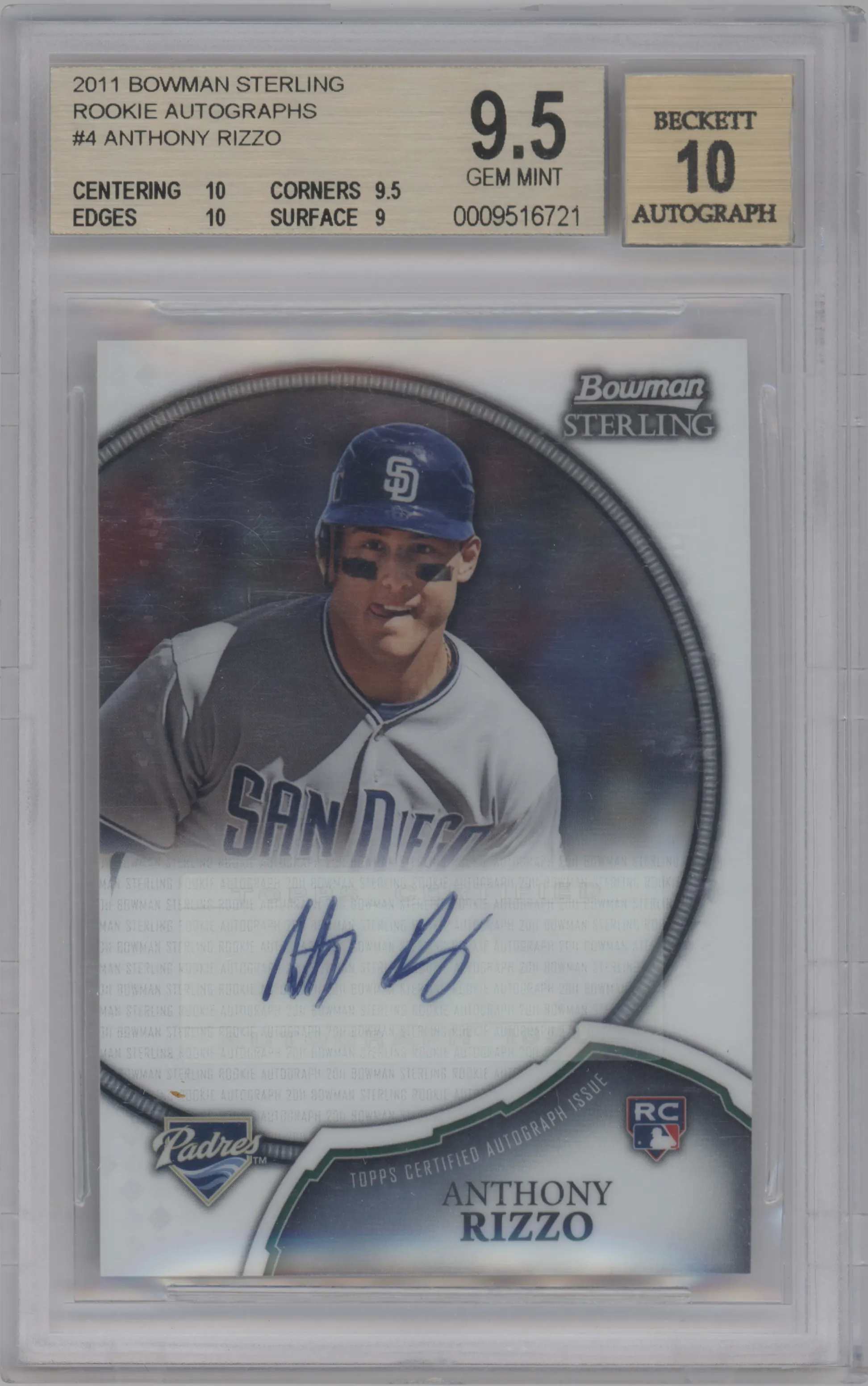 Anthony Rizzo from the 2011 Bowman Sterling  set graded by Beckett and given an overall grade of 9.5.