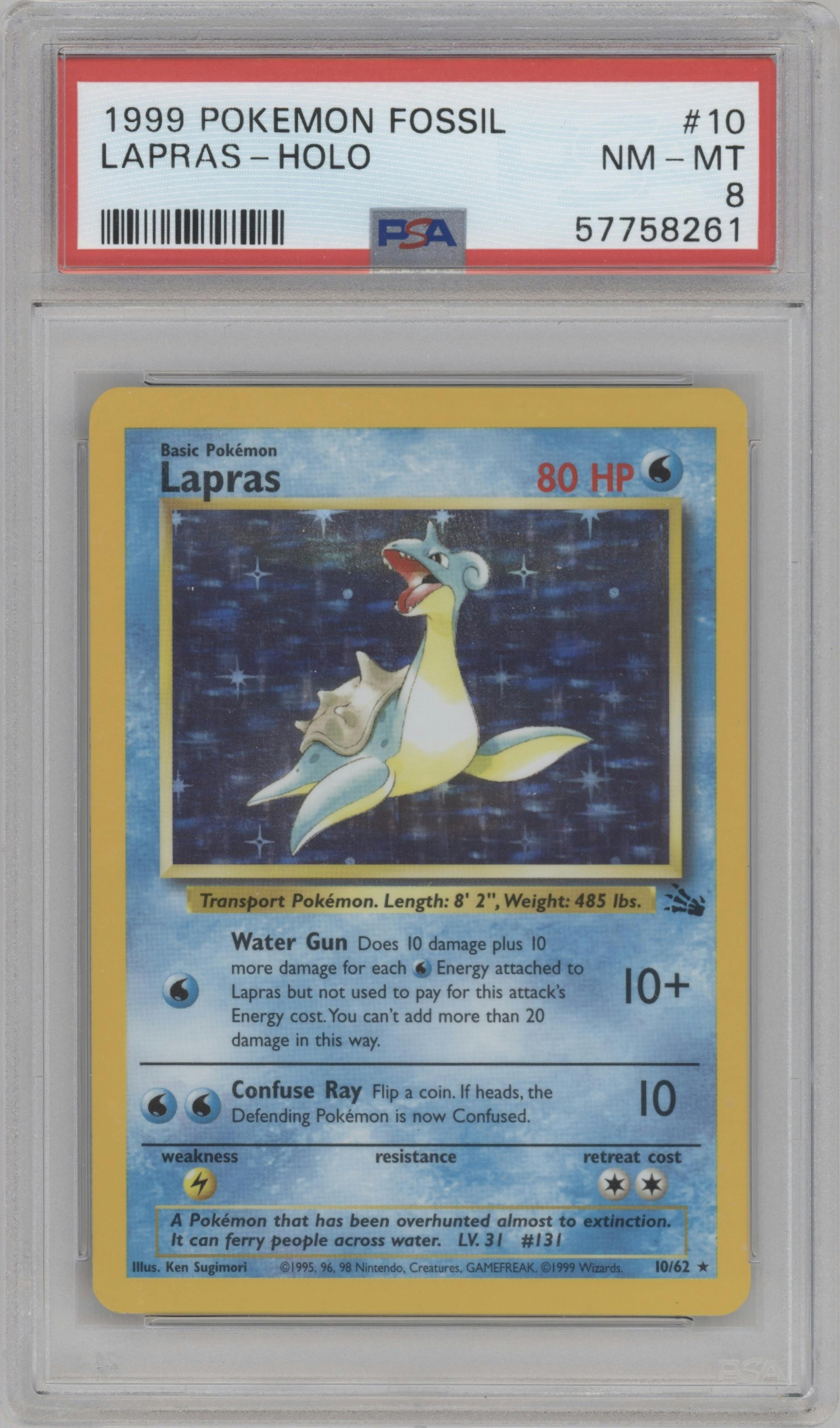 Lapras from the 1999 Pokemon set graded by PSA and given an overall grade of 8.