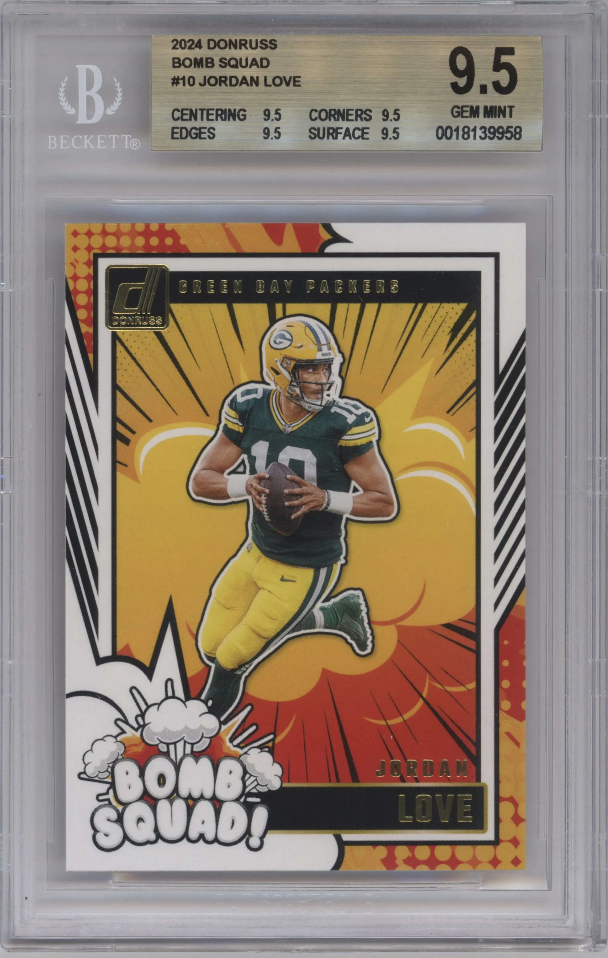Jordan Love from the 2024 Donruss set graded by Beckett and given an overall grade of 9.5.