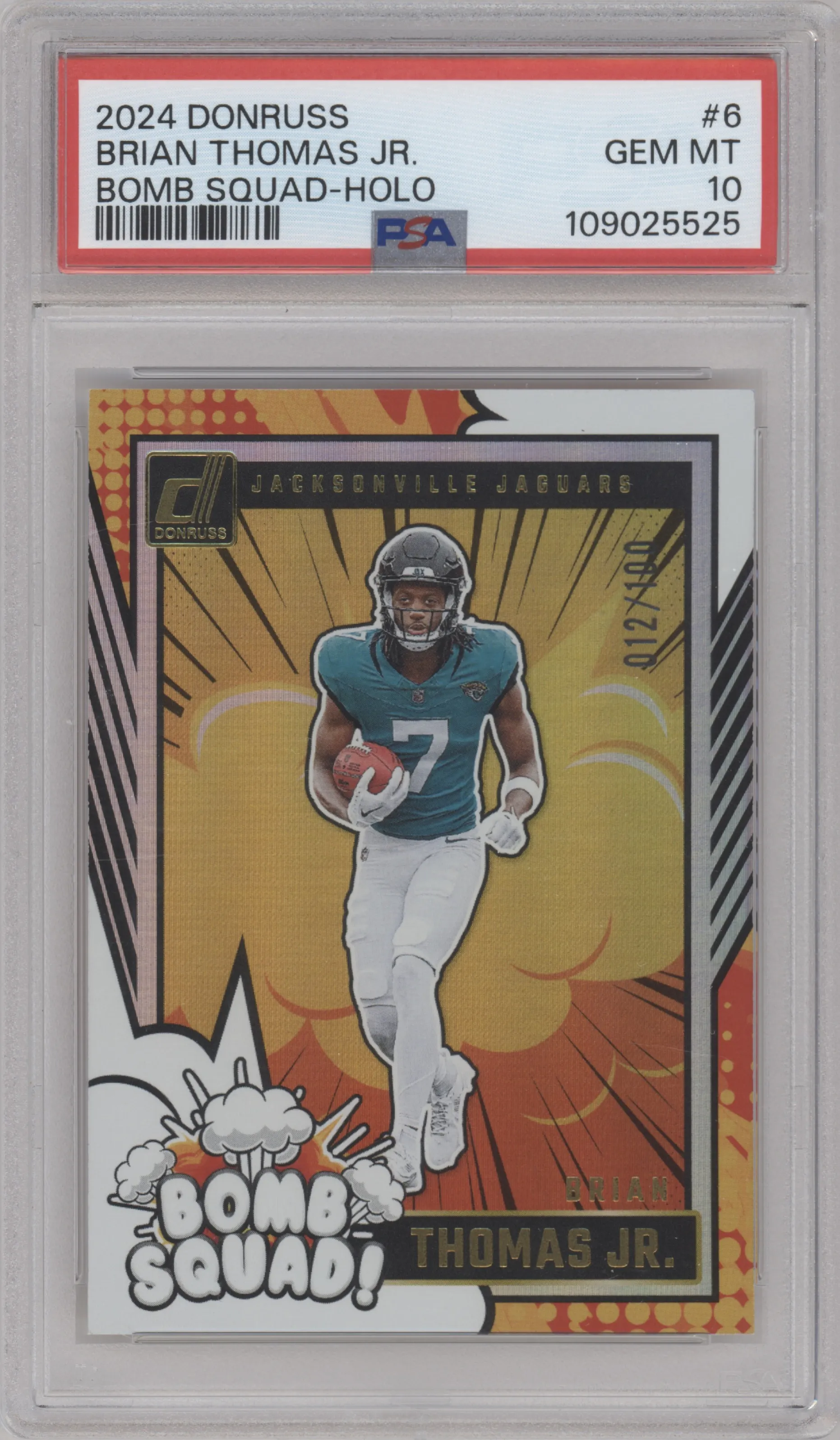 Brian Thomas Jr. from the 2024 Donruss set featuring a Holo parallel graded by PSA and given an overall grade of 10.
