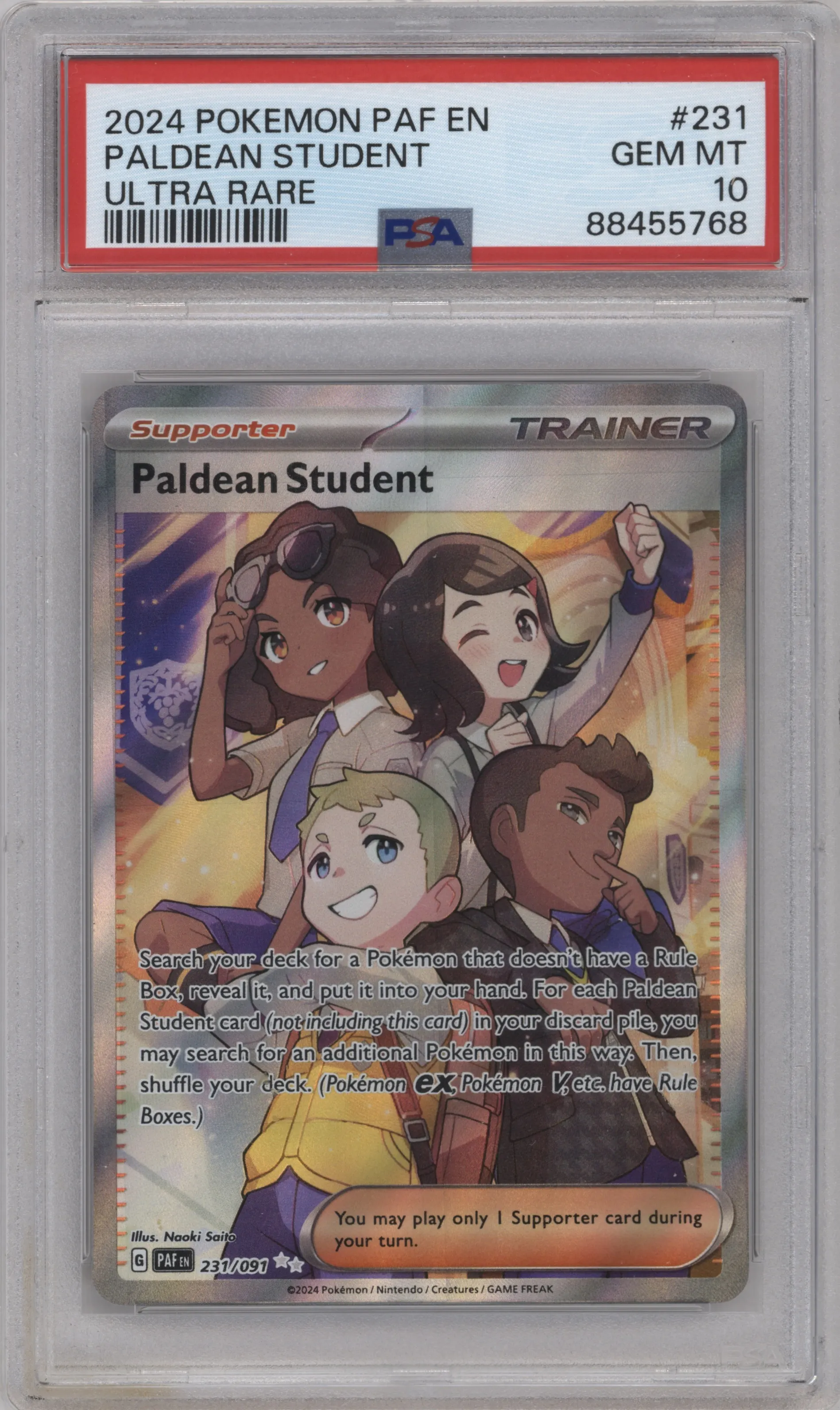 Paldean Student from the 2024 Pokemon SV set graded by PSA and given an overall grade of 10.