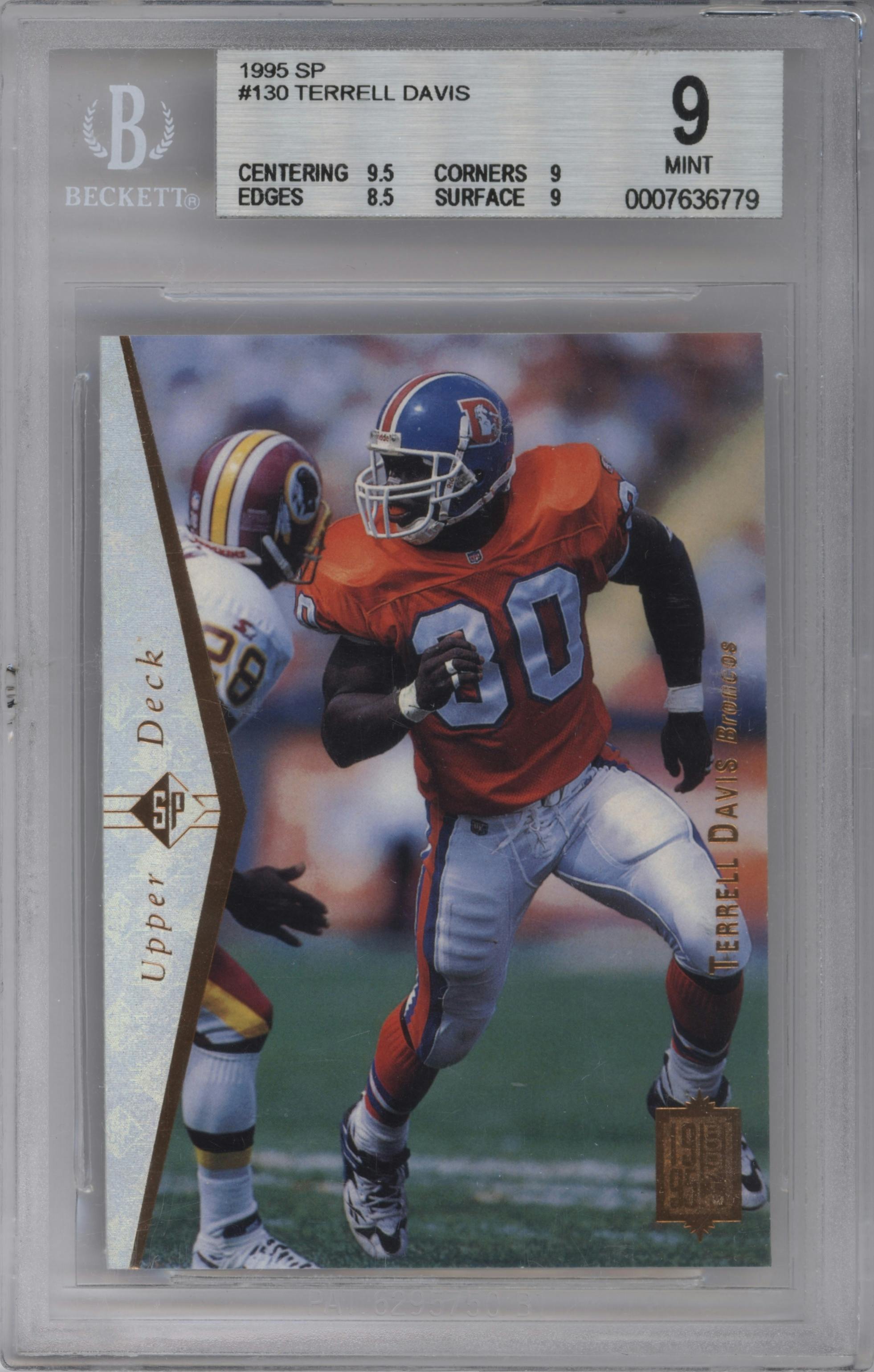 Terrell Davis from the 1995 Upper Deck SP set graded by Beckett and given an overall grade of 9.