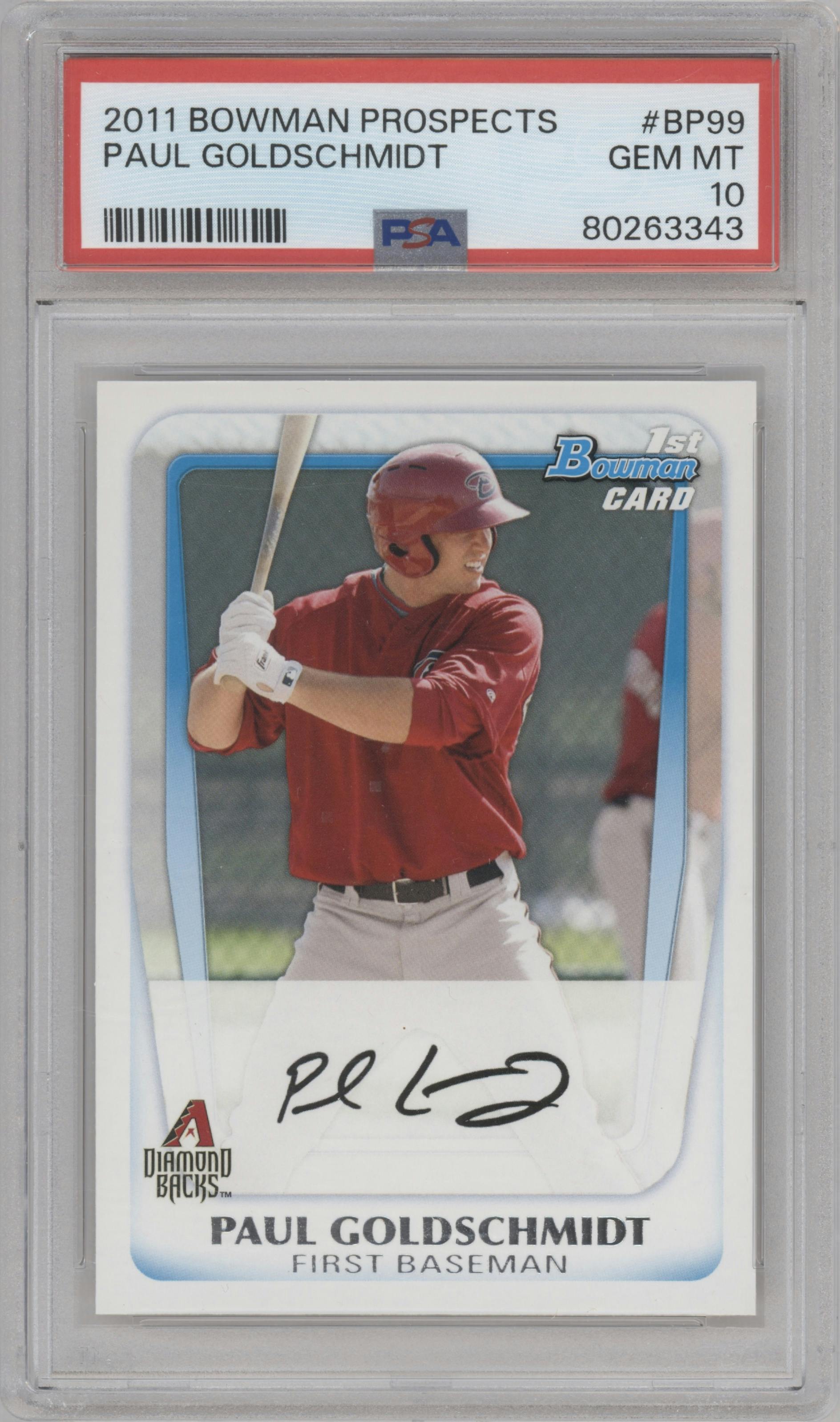 Paul Goldschmidt from the 2011 Bowman set graded by PSA and given an overall grade of 10.
