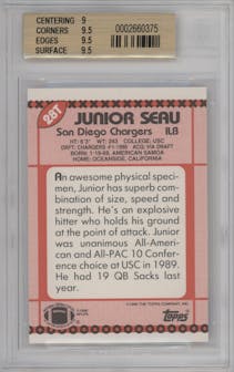Junior Seau from the 1990 Topps Traded set graded by Beckett and given an overall grade of 9.5.