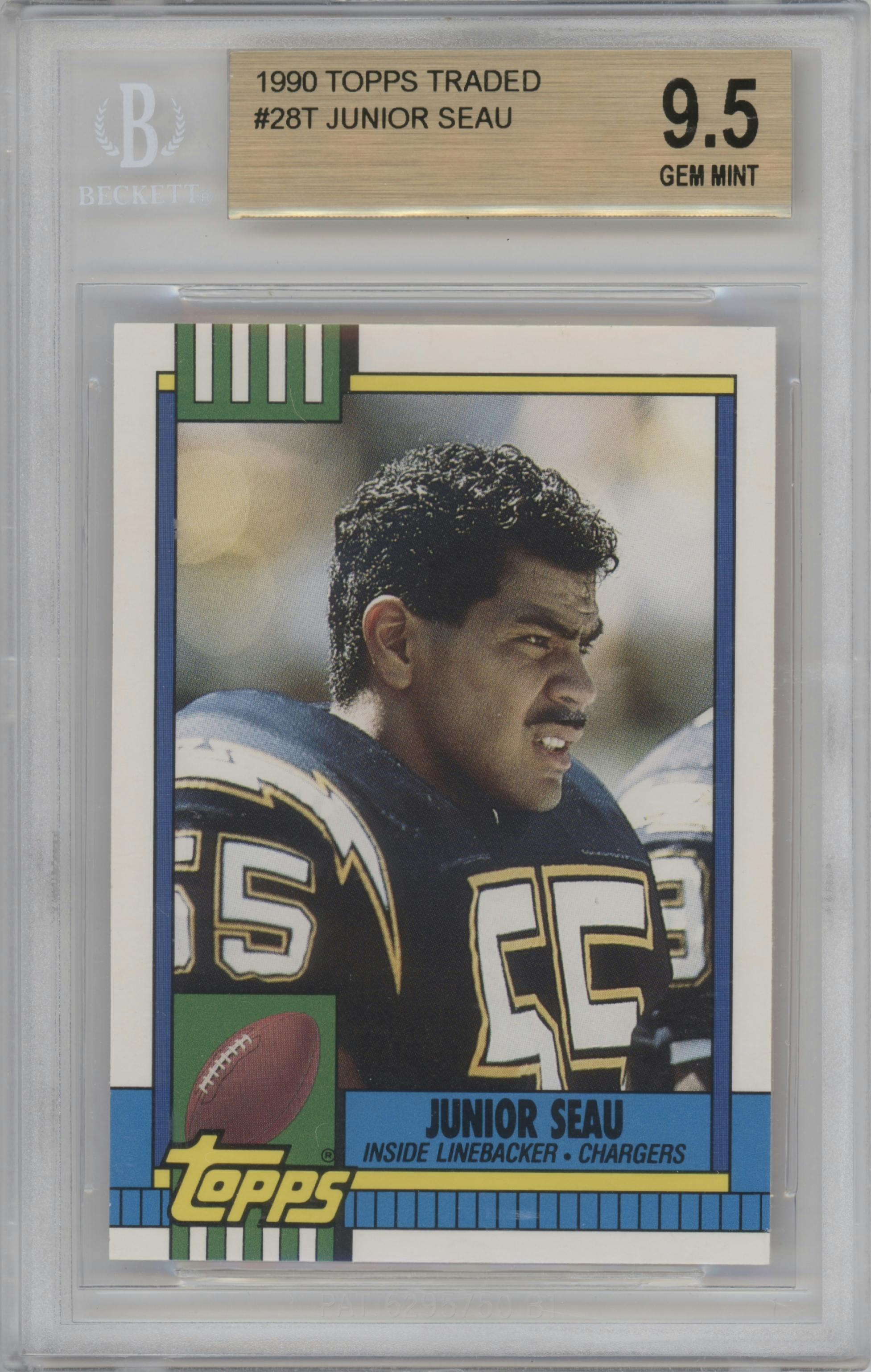 Junior Seau from the 1990 Topps Traded set graded by Beckett and given an overall grade of 9.5.
