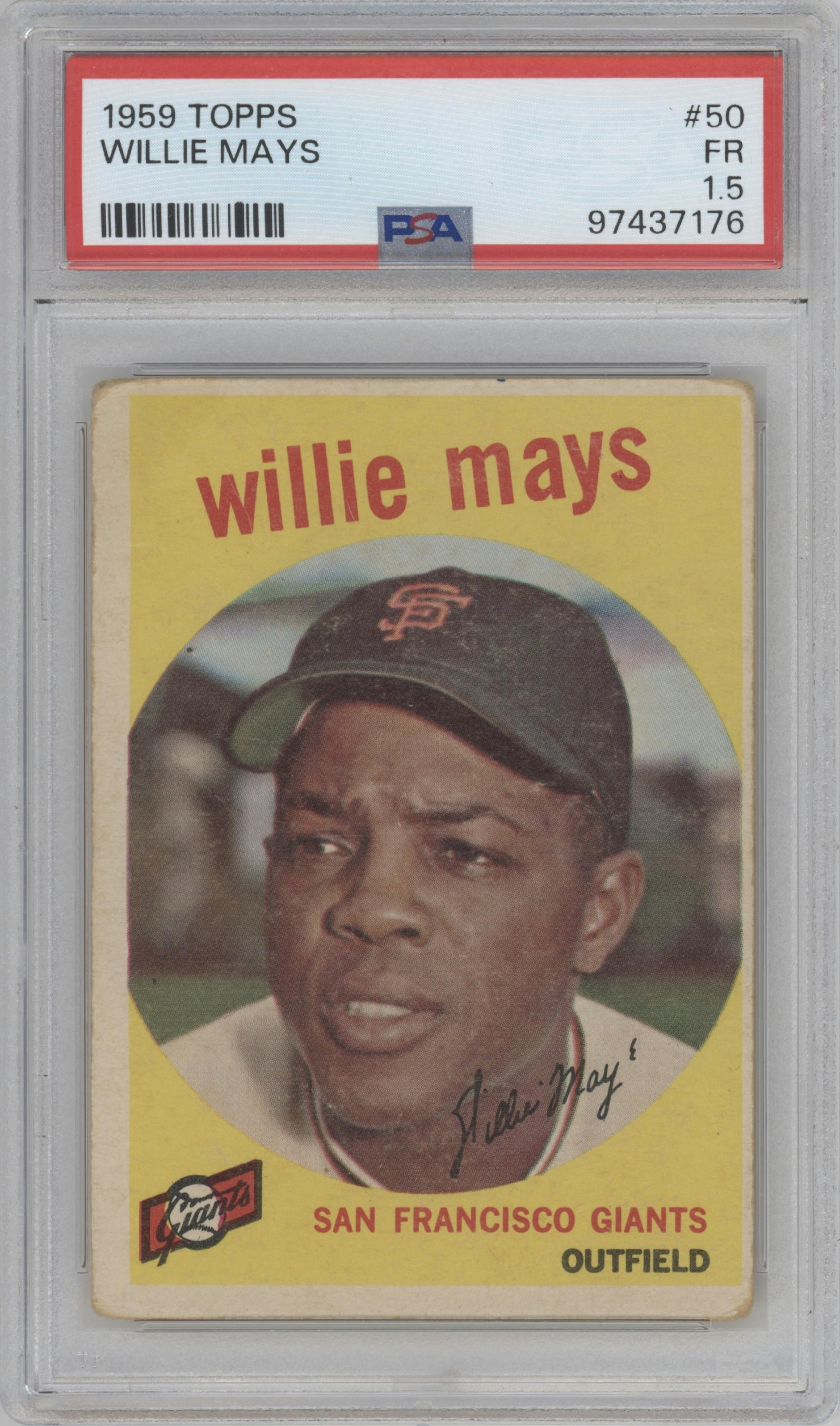 Willie Mays from the 1959 Topps set graded by PSA and given an overall grade of 1.5.