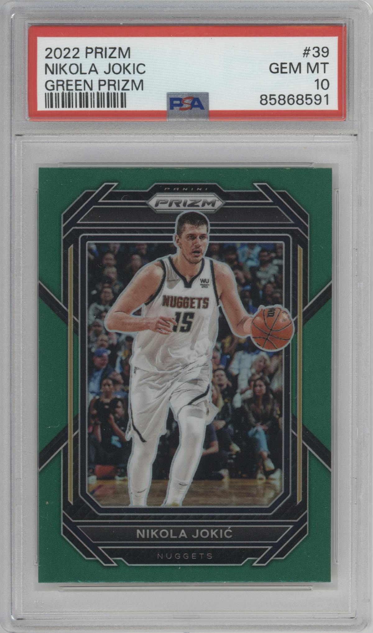  Nikola Jokic from the 2022-23 Panini Prizm  set featuring a Green Prizm parallel graded by PSA and given an overall grade of 10.