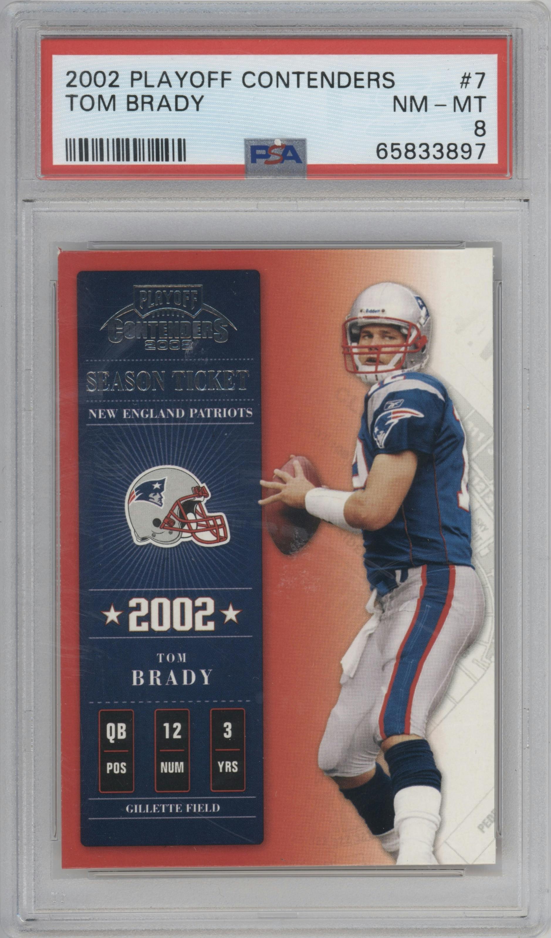Tom Brady from the 2002 Playoff Contenders set graded by PSA and given an overall grade of 8.
