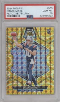 Drake Maye from the 2024 Panini Mosaic set featuring a Reactive Yellow parallel graded by PSA and given an overall grade of 10.