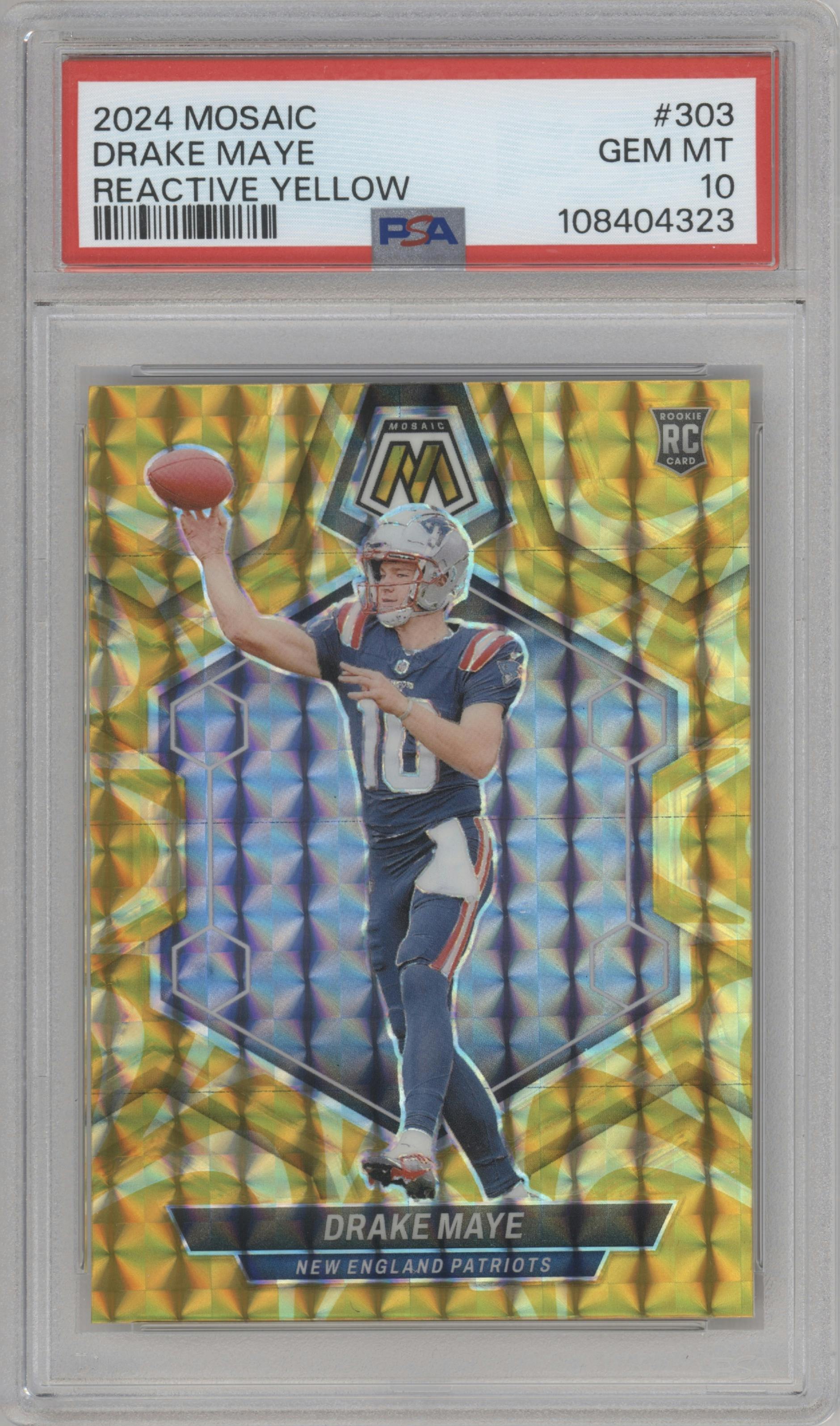 Drake Maye from the 2024 Panini Mosaic set featuring a Reactive Yellow parallel graded by PSA and given an overall grade of 10.