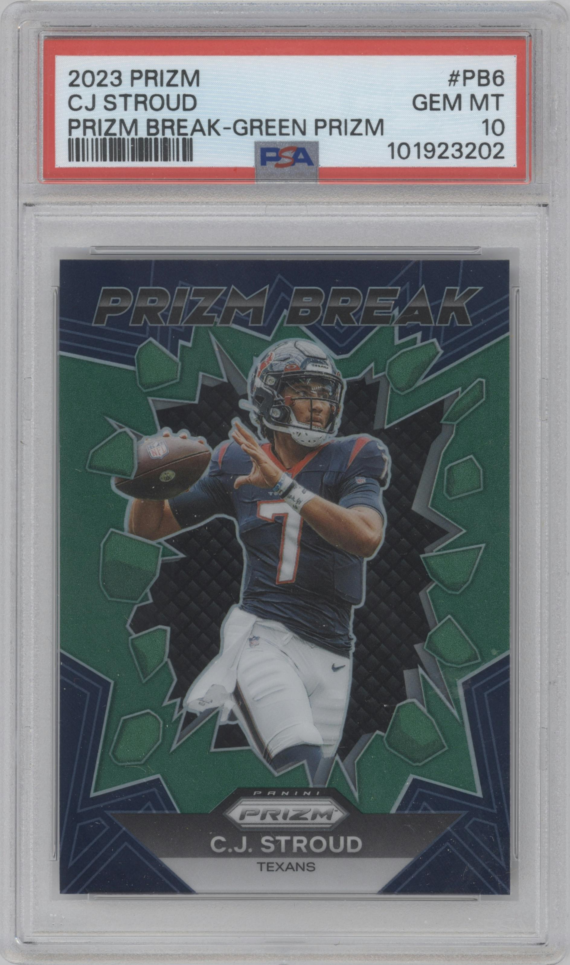 C.J. Stroud from the 2023 Panini Prizm set featuring a Green Prizm parallel graded by PSA and given an overall grade of 10.