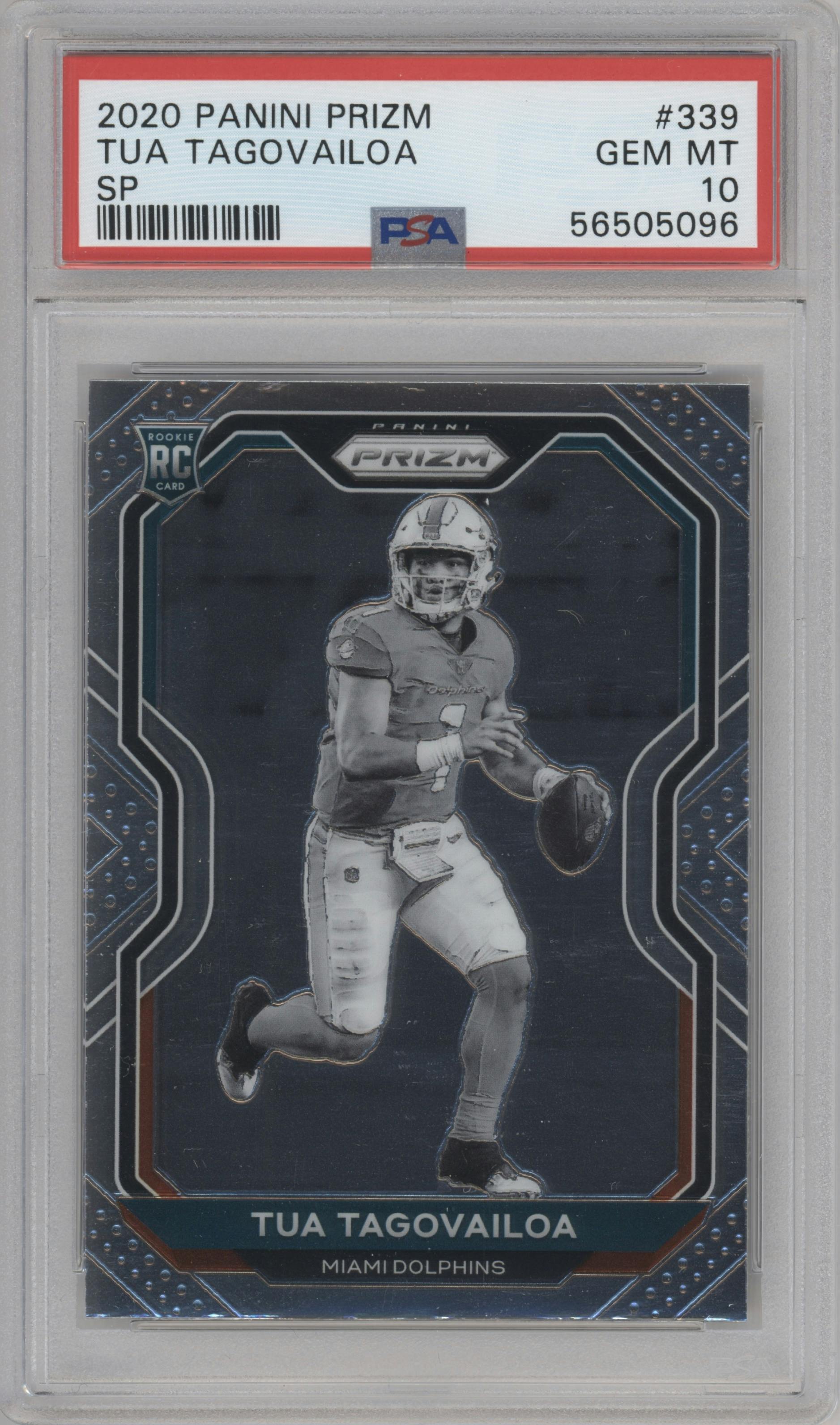 Tua Tagovailoa from the 2020 Panini Prizm set graded by PSA and given an overall grade of 10.