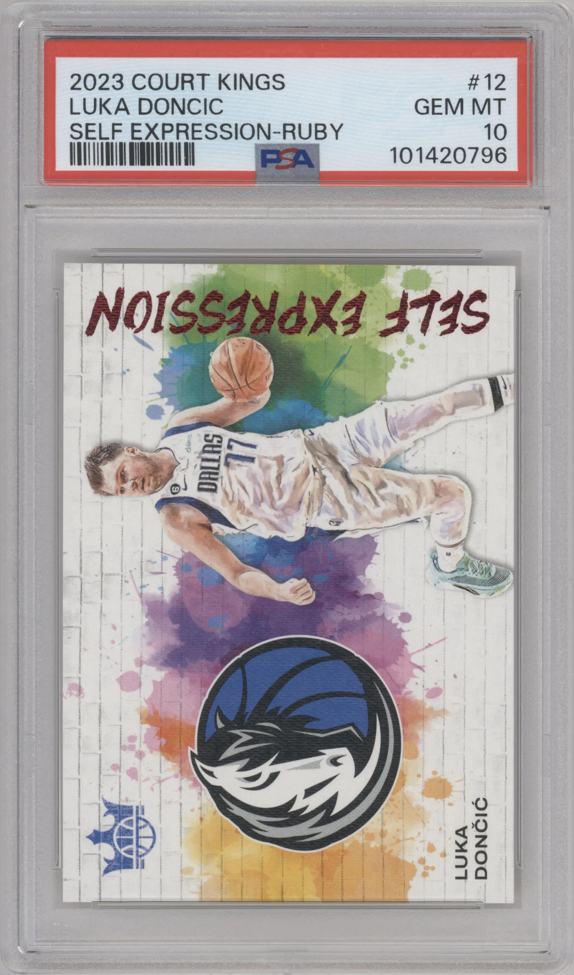 Luka Doncic from the 2023-24 Panini Court Kings set featuring a Ruby parallel graded by PSA and given an overall grade of 10.